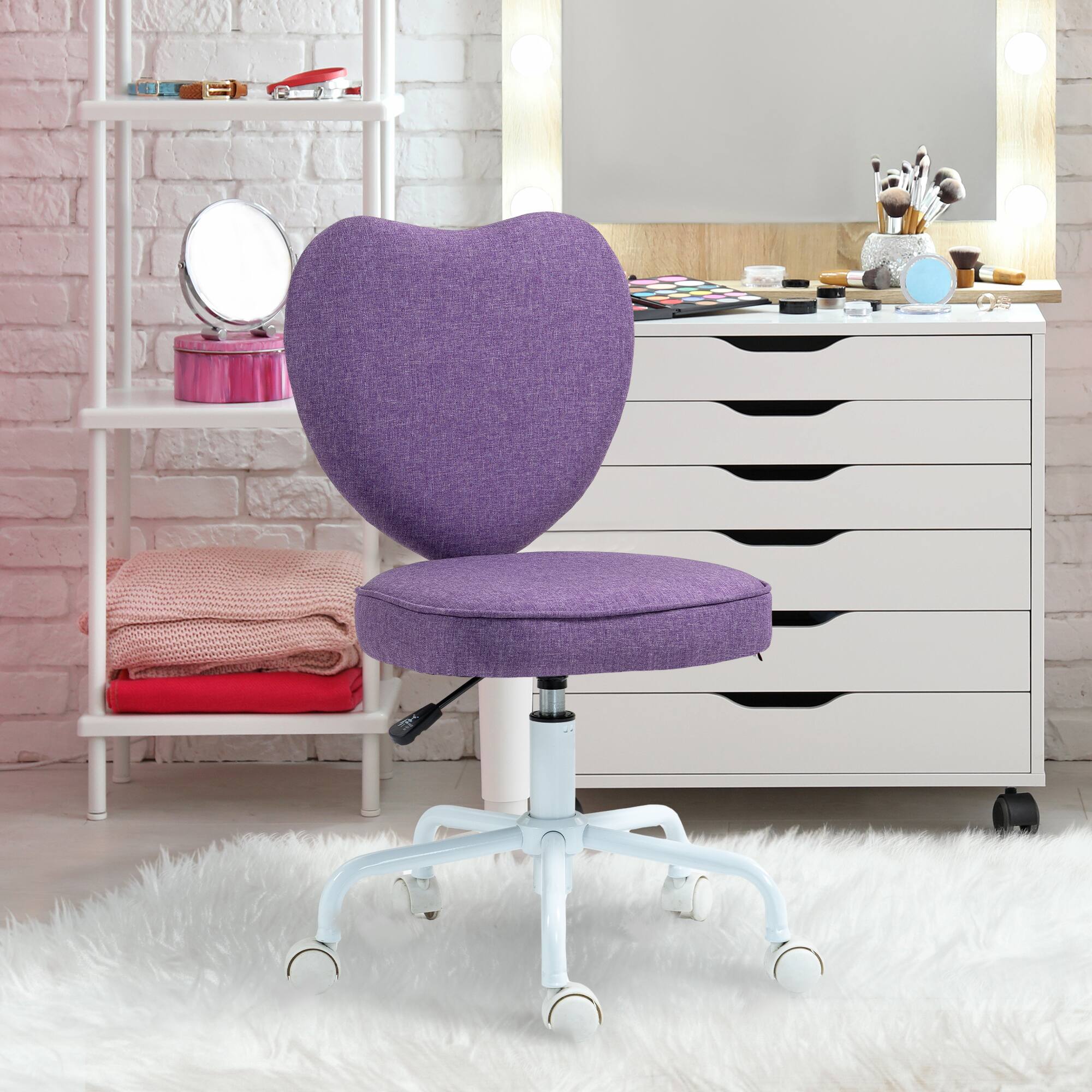 Alt View 1. Homcom - Armless Home Office Desk Chair, Modern Fabric Makeup Vanity Chair with Heart Shape, Swivel Wheels - Purple.