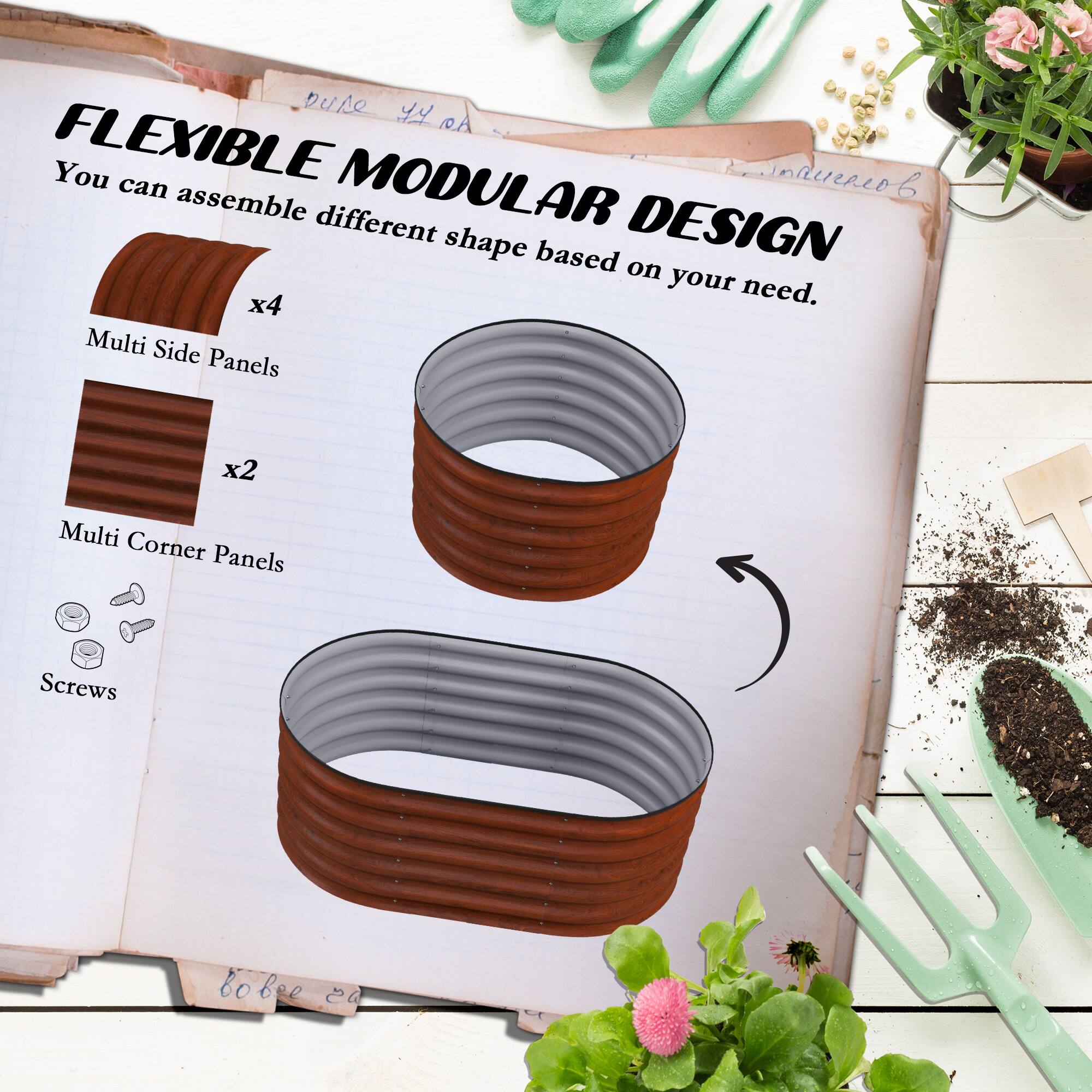 FLEXIBLE MODULAR DESIGN

You can assemble different shape based on your need.
x4 Multi Side Panels
x2 Multi Corner Panels
Screws