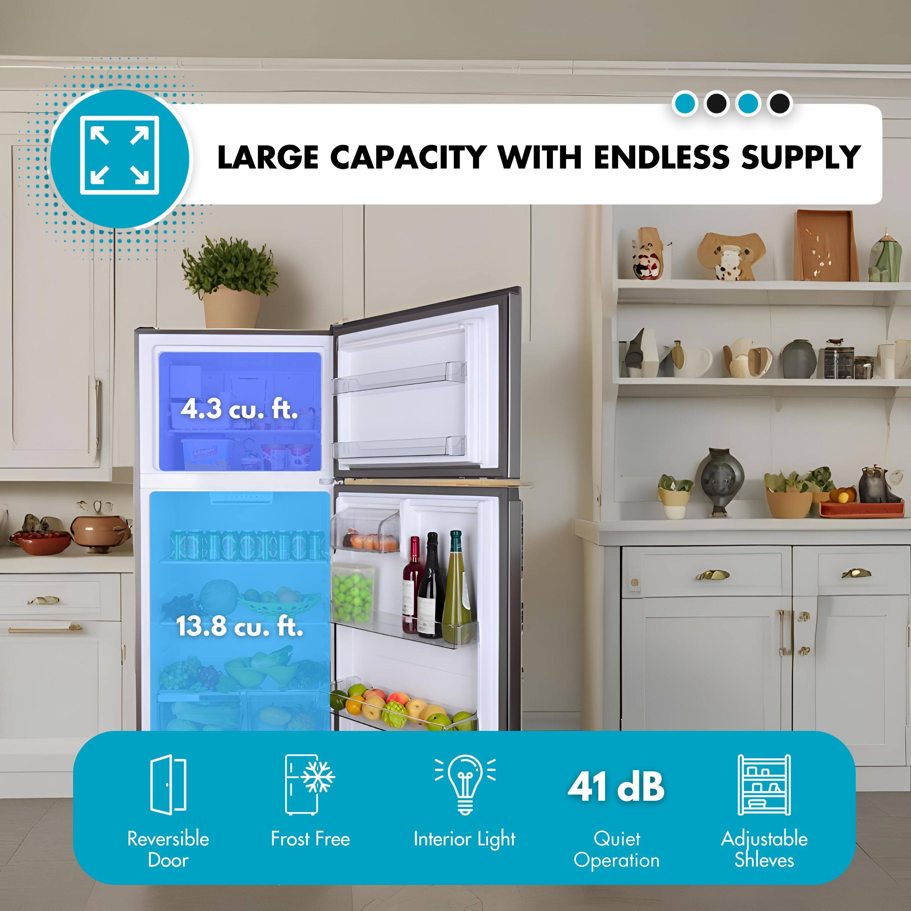 LARGE CAPACITY WITH ENDLESS SUPPLY

4.3 cu. ft.

13.8 cu. ft.

Reversible Door

Frost Free

Interior Light

41 dB Quiet Operation

Adjustable Shelves