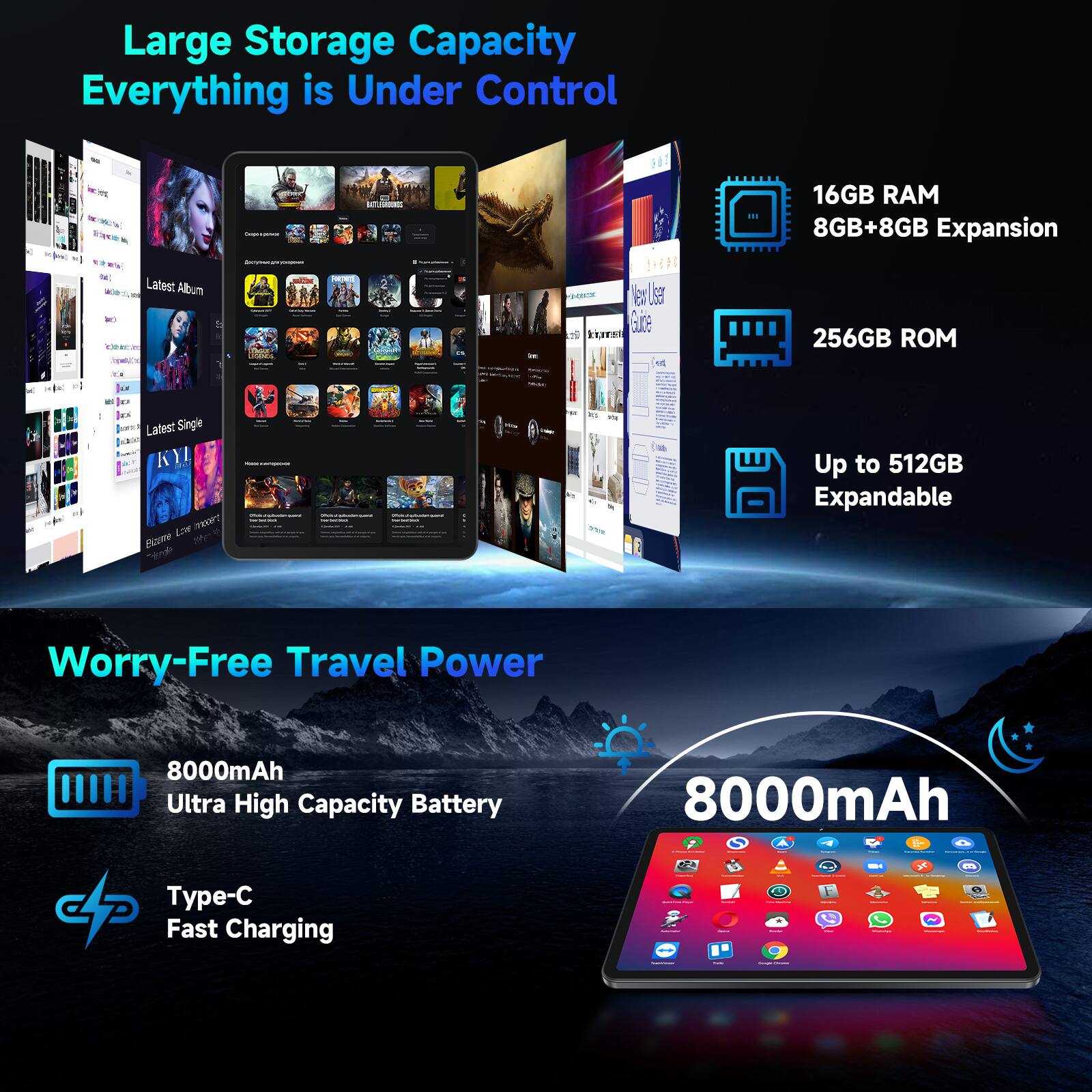 Large Storage Capacity Everything is Under Control - 16GB RAM 8GB+8GB Expansion 256GB ROM Up to 512GB Expandable

Worry-Free Travel Power 8000mAh Ultra High Capacity Battery 8000mAh - Type-C Fast Charging