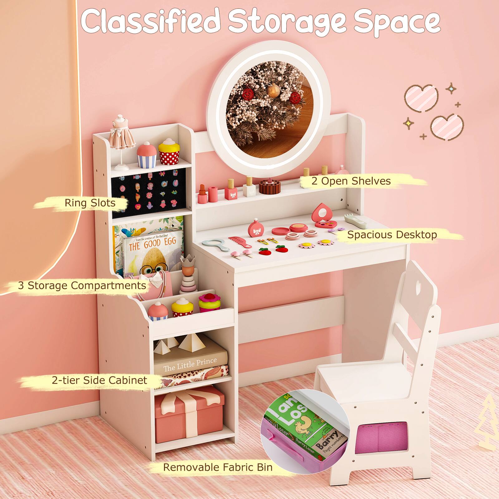 Classified Storage Space

- Ring Slots
- 2 Open Shelves
- Spacious Desktop
- 3 Storage Compartments
- 2-tier Side Cabinet
- Removable Fabric Bin