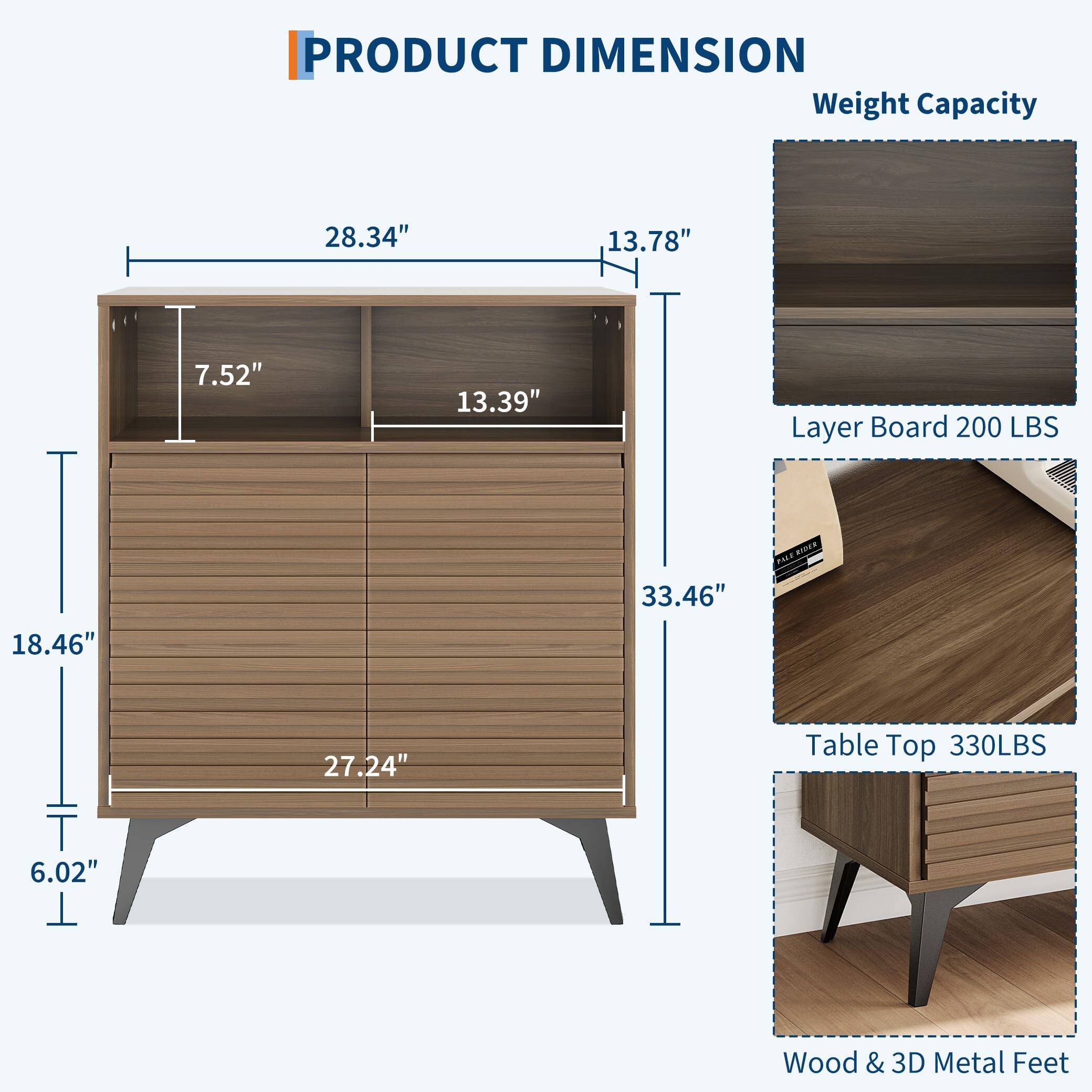 **PRODUCT DIMENSION**

- **Weight Capacity**
  - Layer Board: 200 LBS
  - Table Top: 330 LBS

- **Dimensions**
  - Width: 33.46"
  - Height: 28.34"
  - Depth: 13.78"
  - Shelf Height: 7.52"
  - Shelf Depth: 13.39"
  - Cabinet Height: 18.46"
  - Cabinet Depth: 27.24"
  - Feet Height: 6.02"

- **Features**
  - Wood & 3D Metal Feet