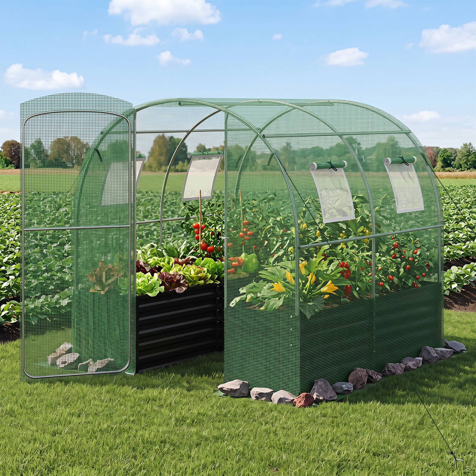 Alt View 4. Costway - Costway 80x79x79 Inches Walk-inhouse with Large Plant Bed, PE Cover, 4 Mesh Windows - Green + Black + Silver.