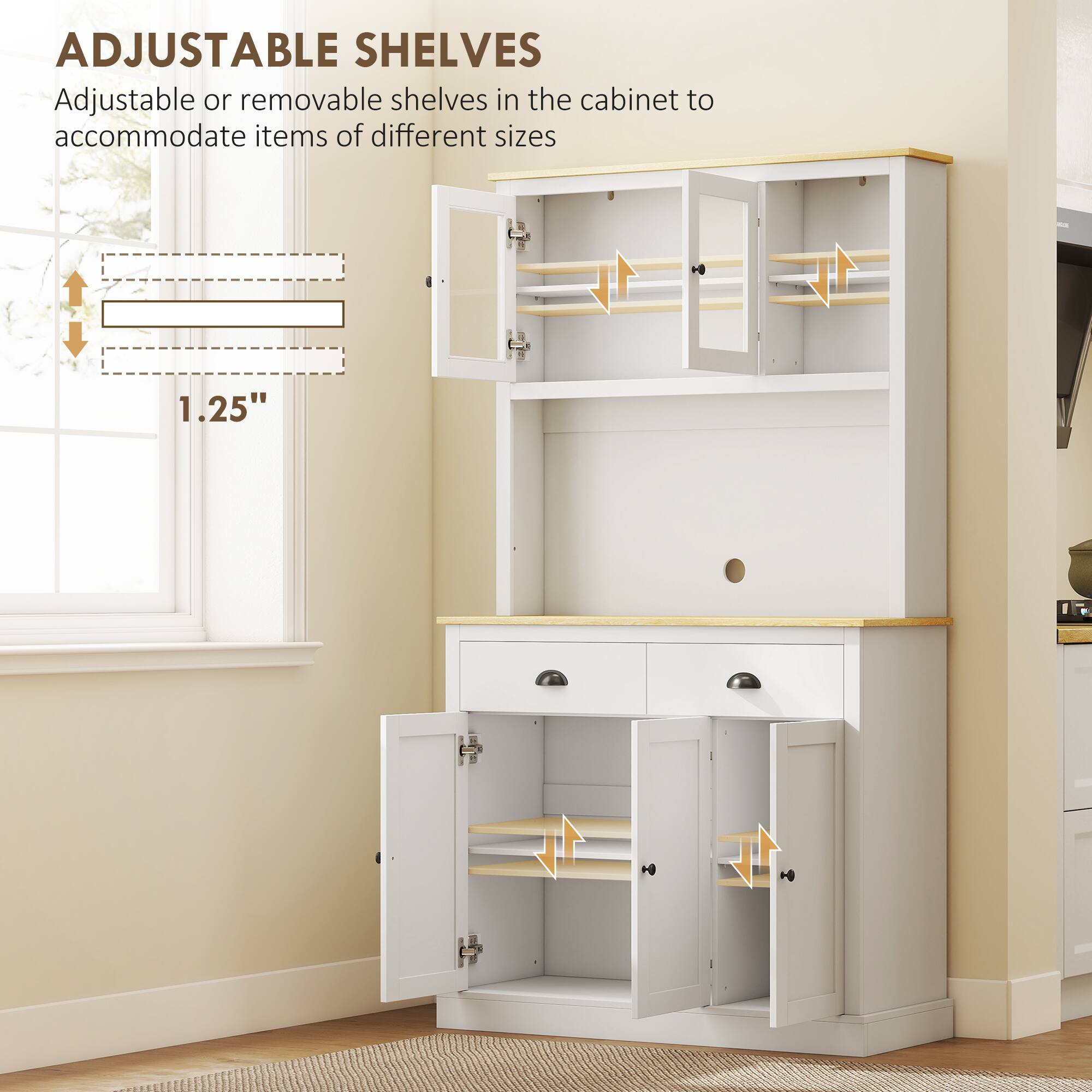 ADJUSTABLE SHELVES

Adjustable or removable shelves in the cabinet to accommodate items of different sizes

1.25" H