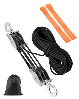 VEVOR - 4400 lbs Breaking Strength 100 FT Rope Pulley Hoist, 5:1 Lifting Power Heavy Duty Pulley System with 2pcs Soft Loops - Silver;Black