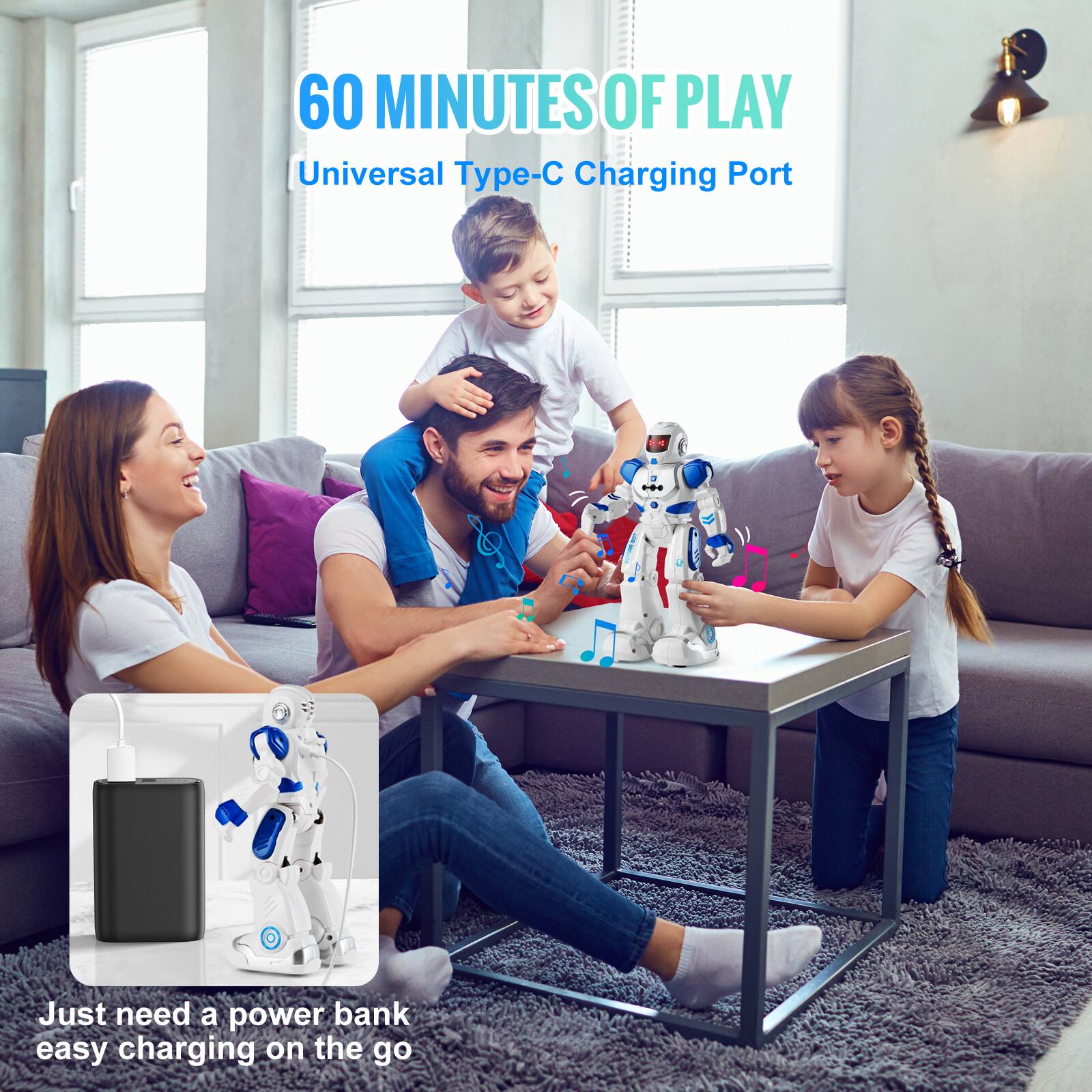 60 MINUTES OF PLAY  
Universal Type-C Charging Port  

Just need a power bank  
easy charging on the go