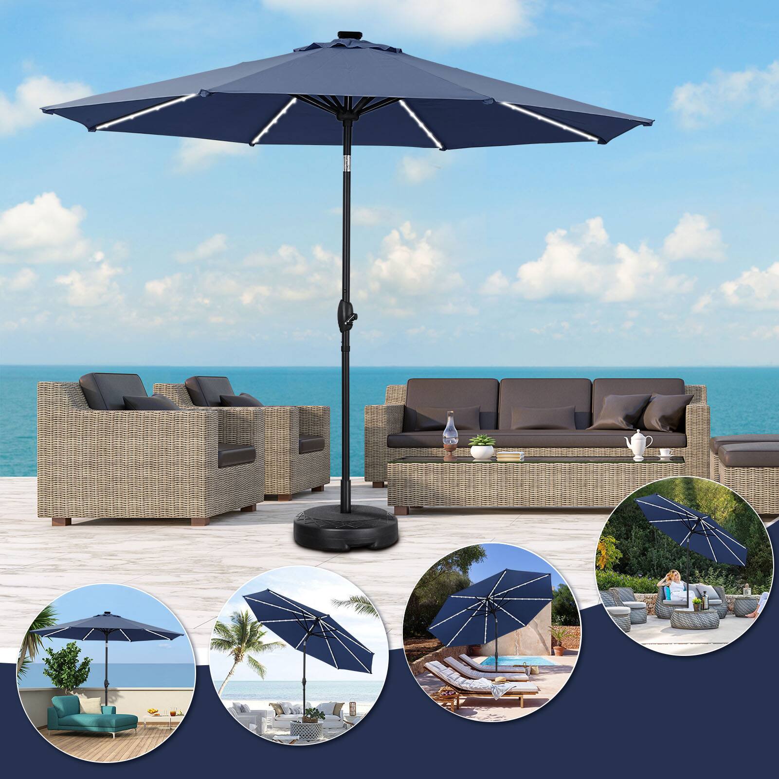 Angle. Ainfox - Ainfox 10ft Led Light Bar Patio Umbrella With Umbrella Base  For Market,Yard,Lawn Etc - Navy Blue.
