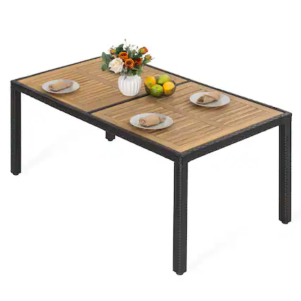 Front. Nuu Garden - Outdoor 59" x 35" Rectangular Dining Table for 6 with Acacia Wood Slatted Tabletop, PE Rattan-Wrapped Metal Frame - Black.