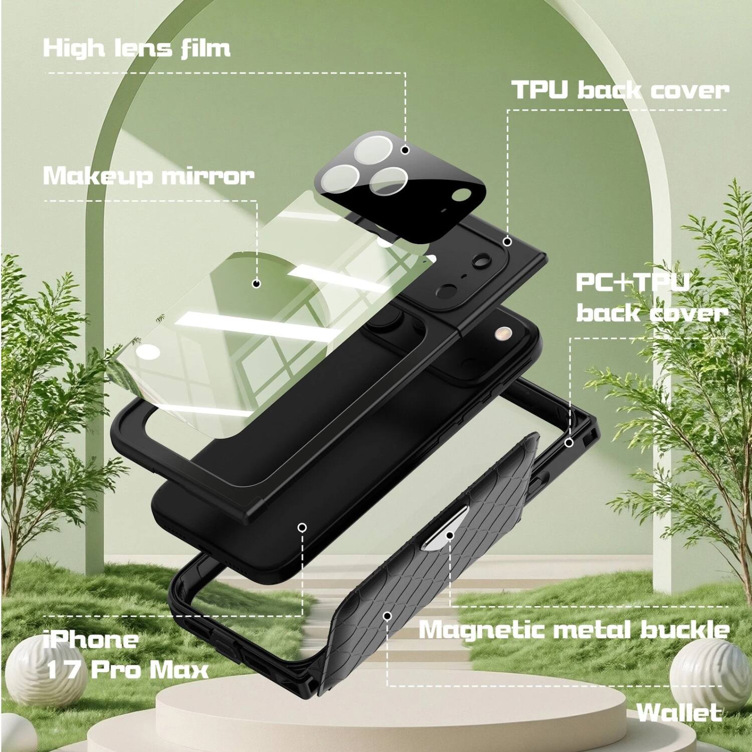 High lens film  
TPU back cover  
Makeup mirror  
PC+TPU back cover  
iPhone 17 Pro Max  
Magnetic metal buckle  
Wallet
