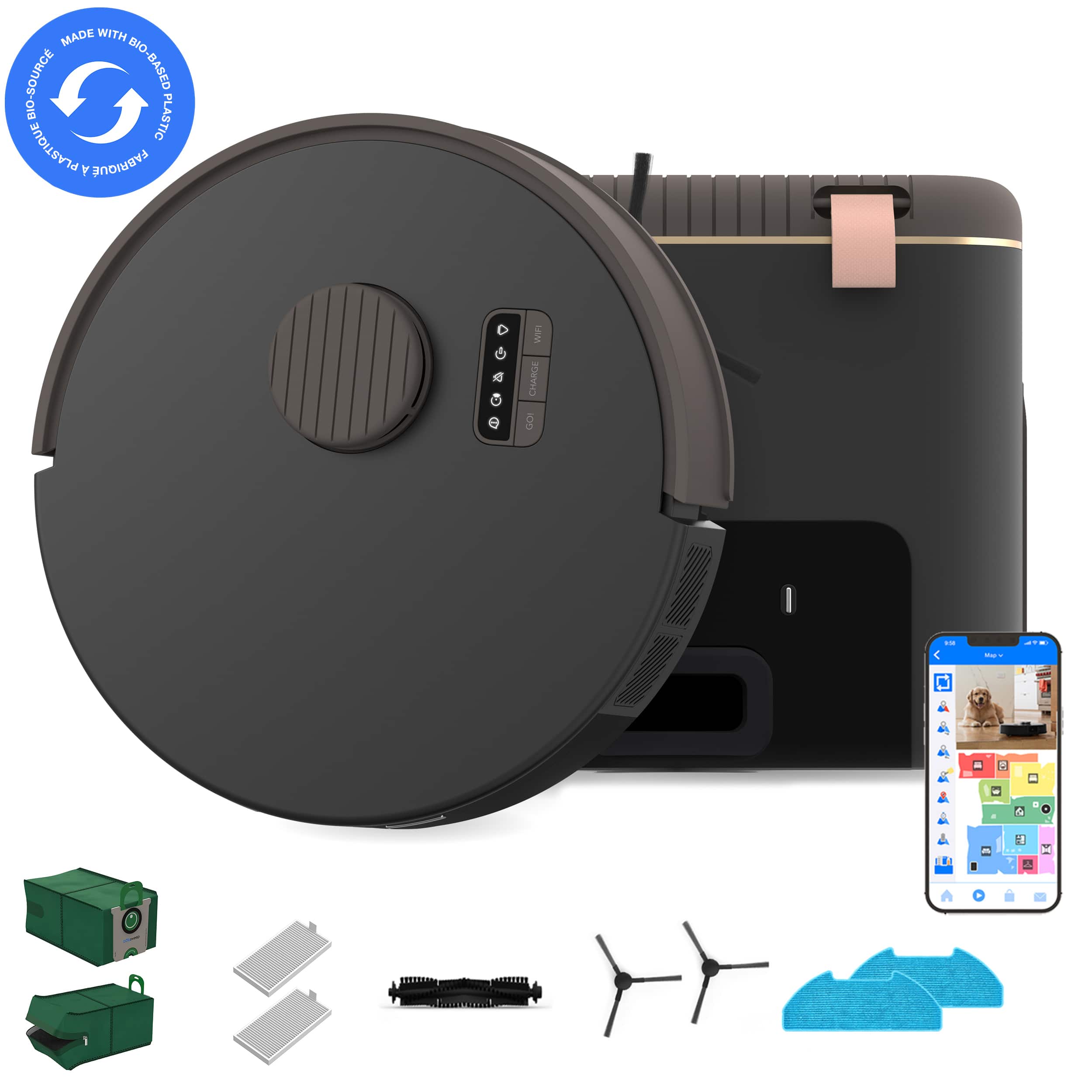 bObsweep - Bio Auto-Empty Robot Vacuum & Mop with 100-Day Dock, Activate Charcoal Odor Filtration, Made of Bio-Based Plastic - Rock