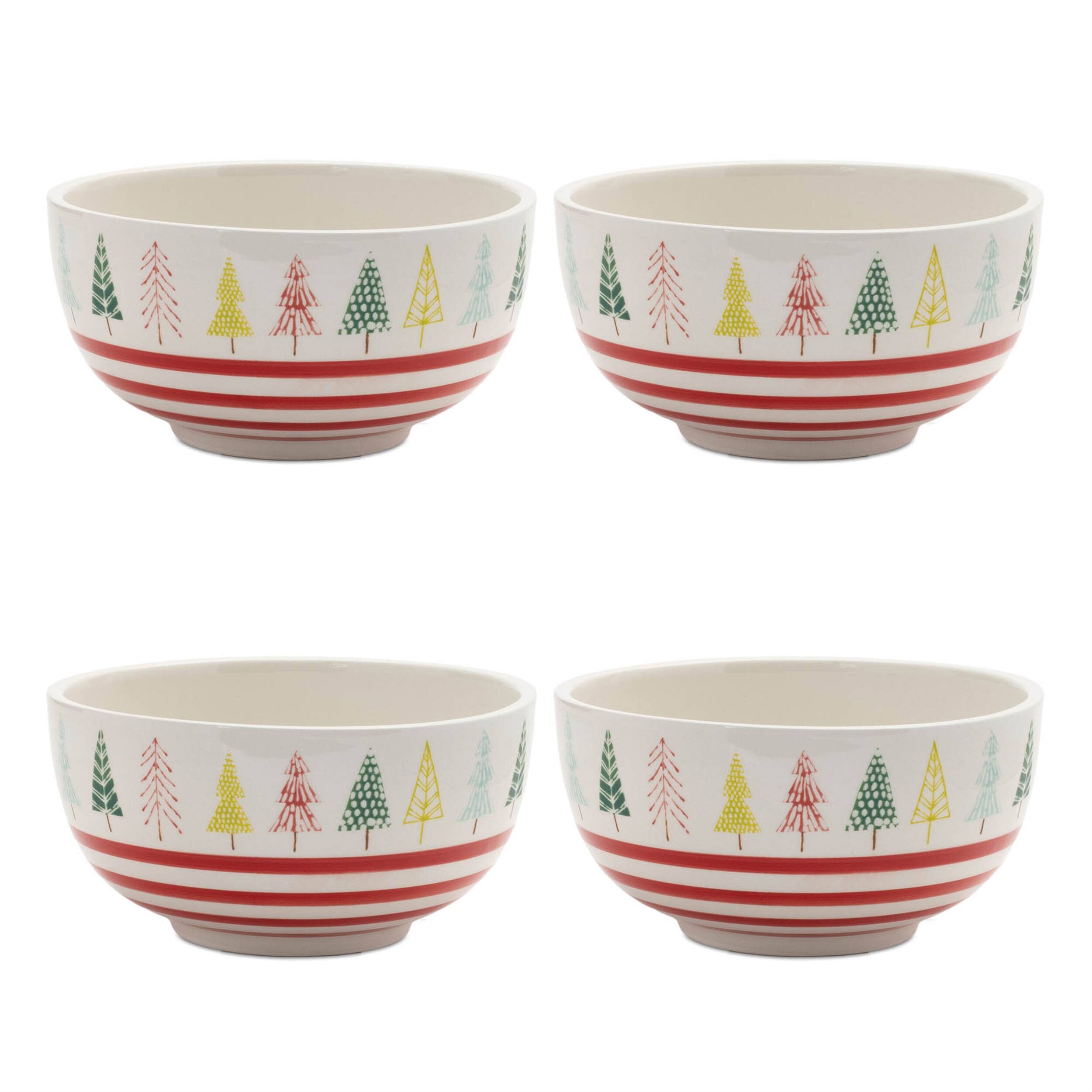 Angle. BreeBe - Ceramic Pine Tree Print Bowl (Set of 4) - White, Green, Red.