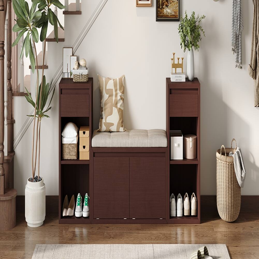 Back. Ropilly - Ropilly Espresso Entryway Storage Bench with Cushion Drawers and Open Shelves Wood Mudroom Shoe Bench for Hallway - Espresso.