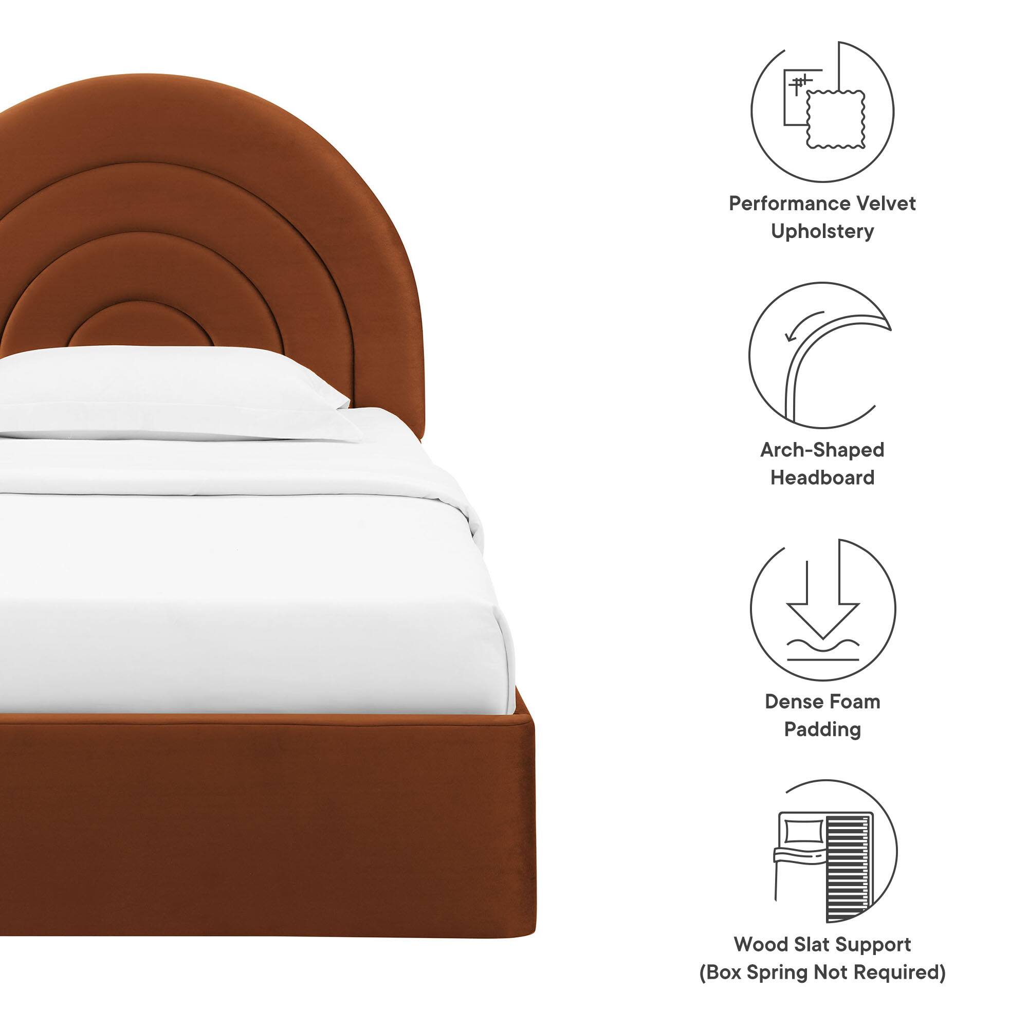 Performance Velvet Upholstery  
Arch-Shaped Headboard  
Dense Foam Padding  
Wood Slat Support (Box Spring Not Required)