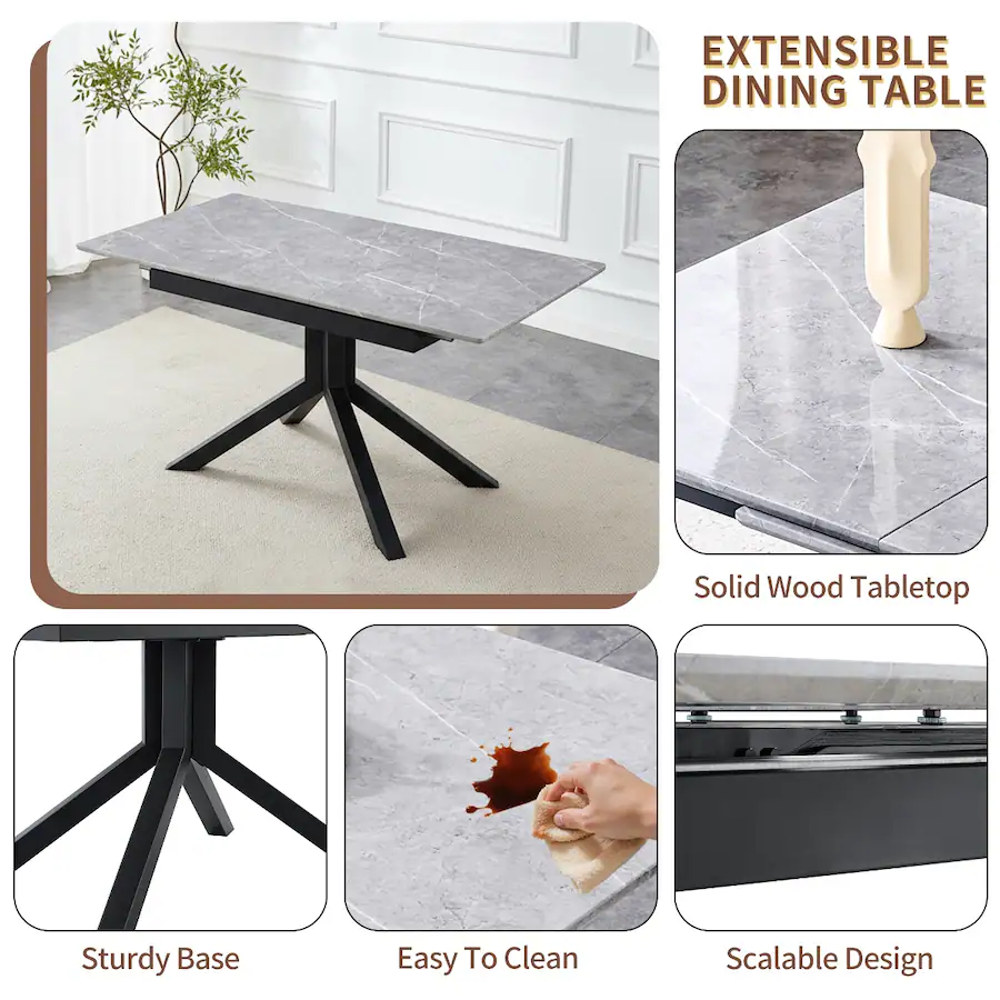 Loheer Extendable Rectangular Dining Table, Marble MDF Top, Black Metal ...