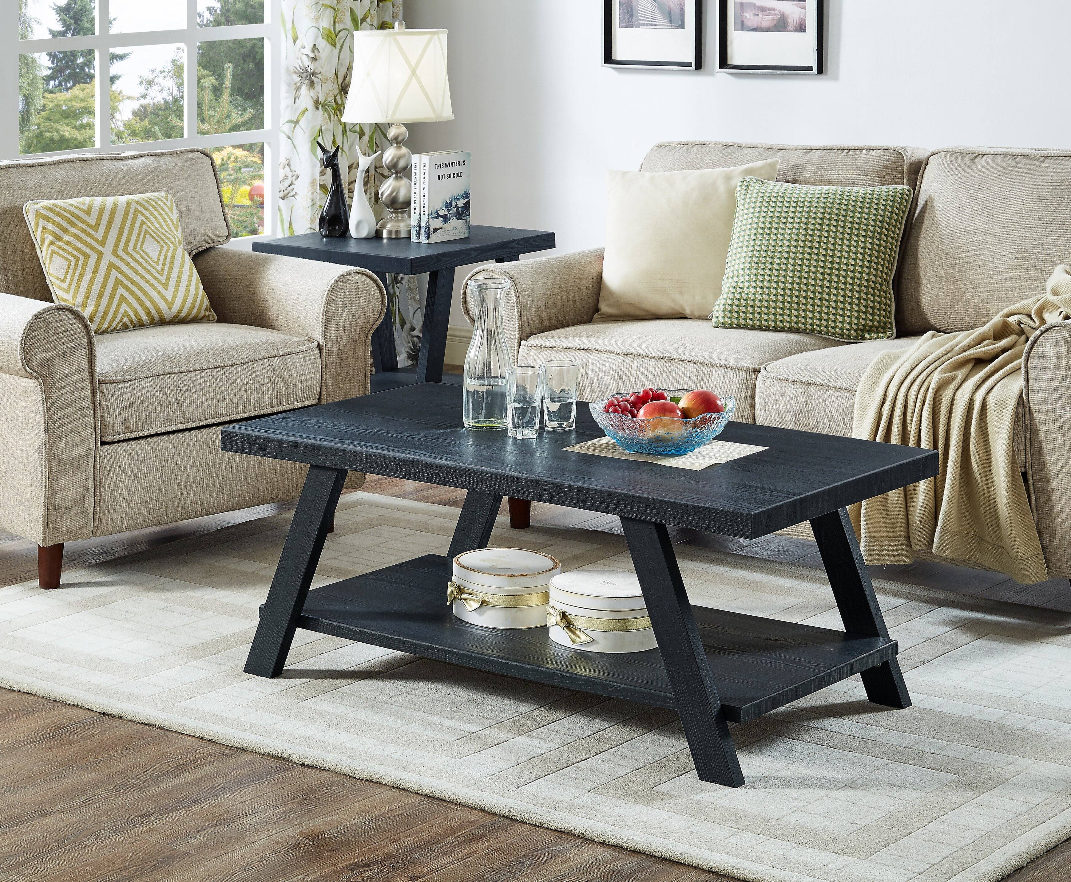 Front. TinyHomie - Athens Contemporary Replicated Wood Shelf Coffee Table Set Black Finish - Black.