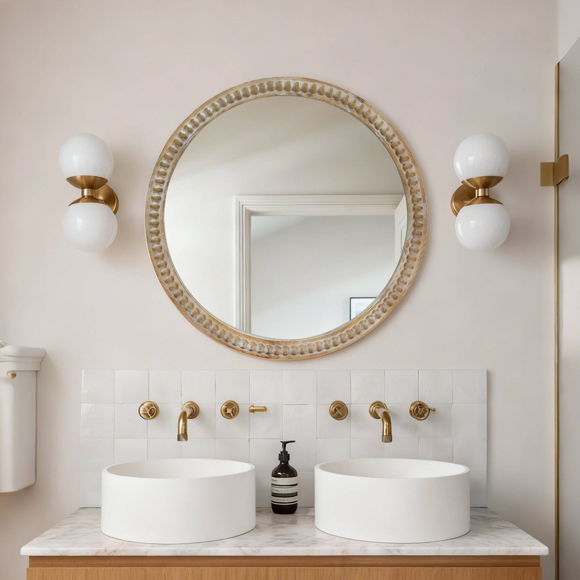 Back. BreeBe - 23.62 in Round Decorative Wall Mirror Distressed Wood Beaded Frame for Entryway Living Room Bathroom Farmhouse Style - Natural Wood.