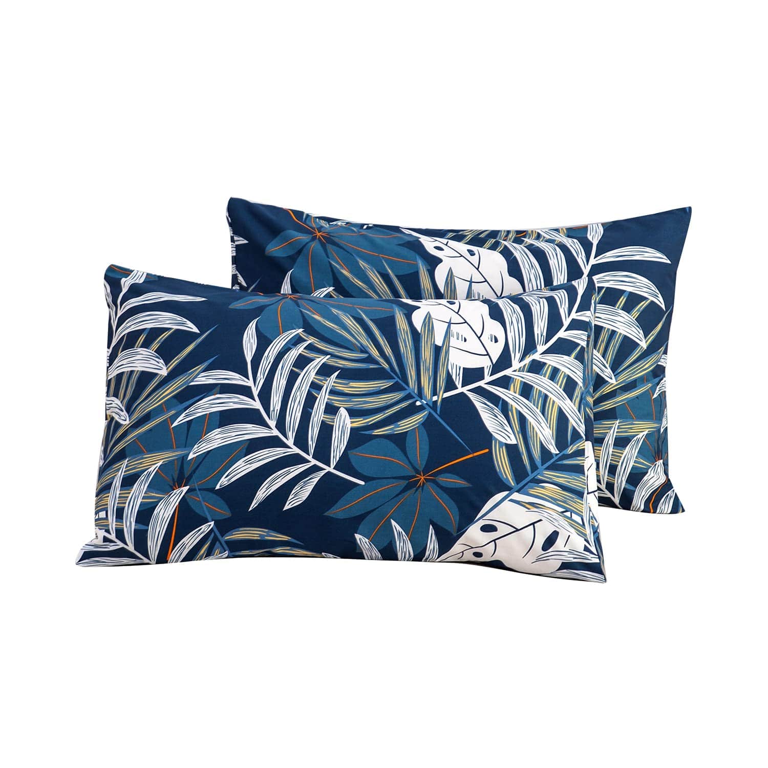 Fabibe - Pillowcase Cotton Queen Size Set Of 2 Green Botanical Monstera Leaves Print Decorative Bed Pillow Covers With Envelope - Blue Plants-King