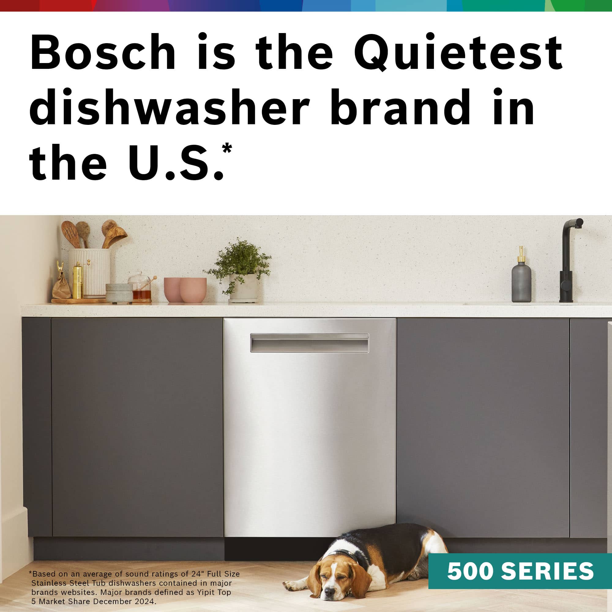 Bosch is the Quietest dishwasher brand in the U.S.*
*Based on an average of sound ratings of 24" Full Size Stainless Steel Tub dishwashers contained in major brands websites. Major brands defined as Yipit Top 5 Market Share December 2024.
500 SERIES