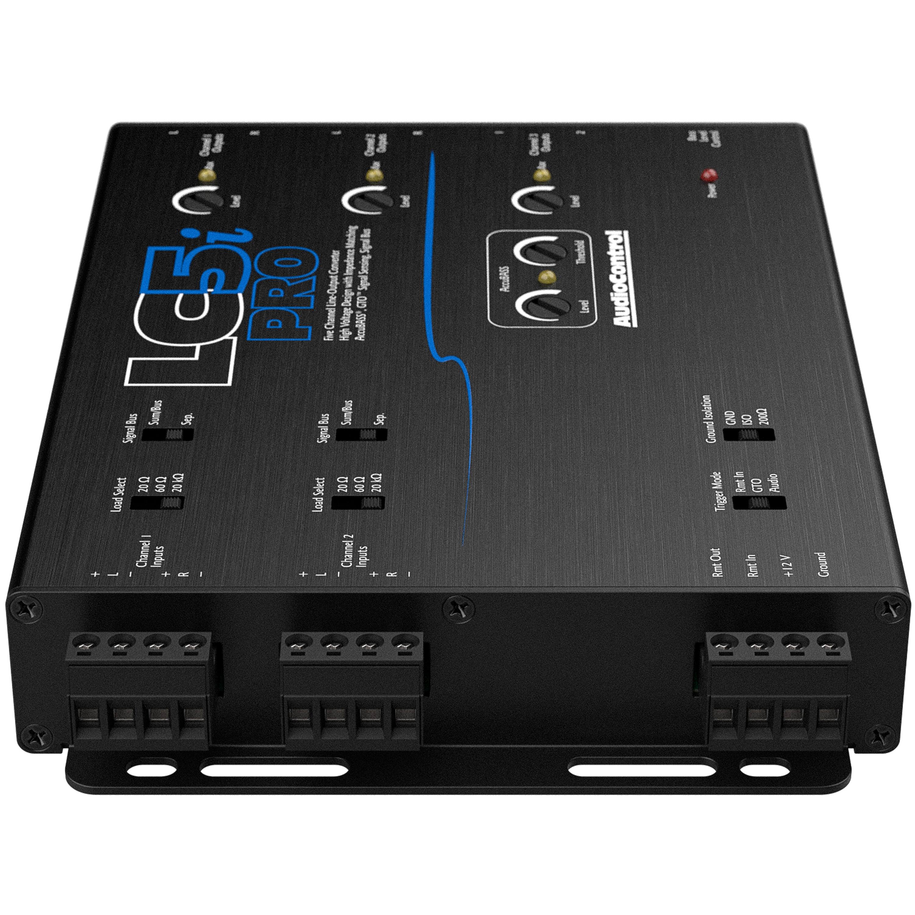 The text on the image reads: "LG5 PRO 3 Channel Line Inputs 200 2010 D C Load Select LoadSelect - Channel Inputs Channel2 Inputs - - + 12V Ground Mode CTO Audio Tiger Remote Out Ret in +12V Ground X."