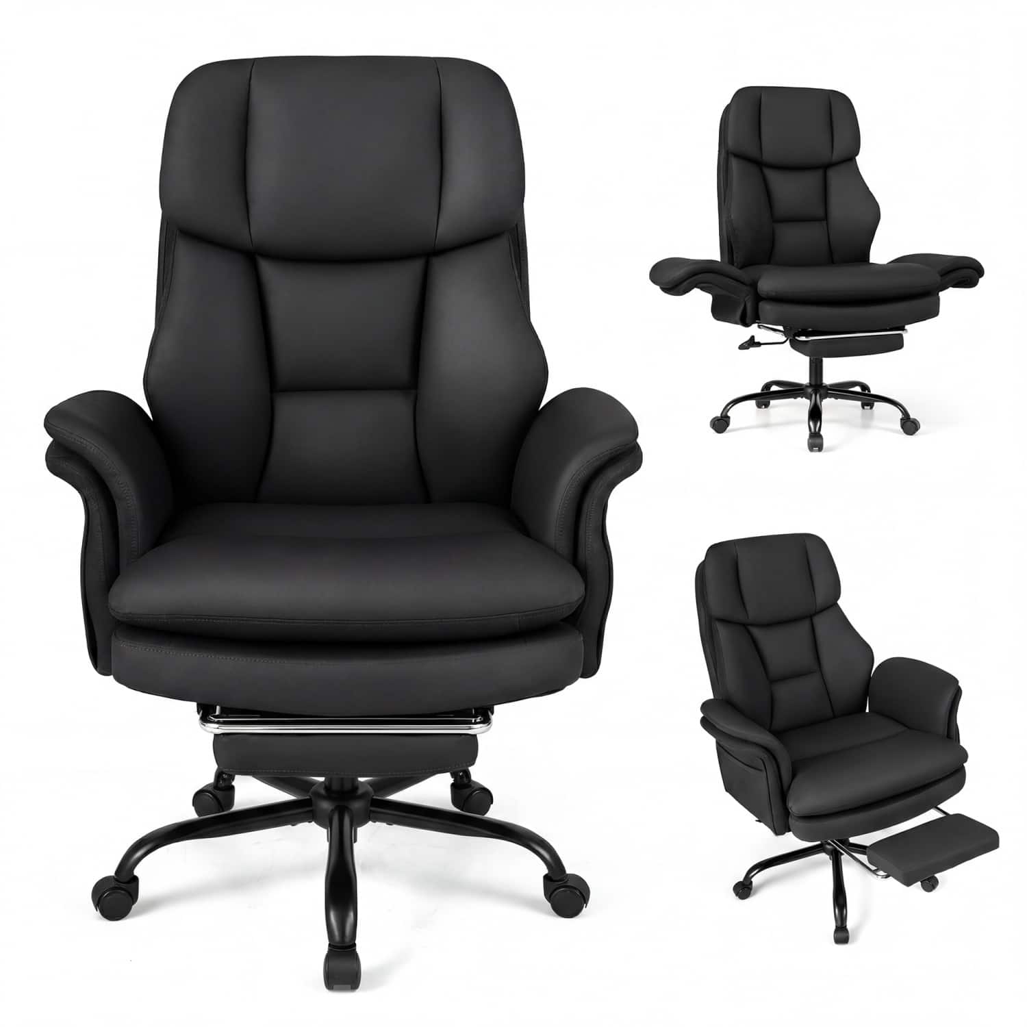 WELLFOR - Ergonomic Cross Legged Office Chair Big and Tall Executive Chair with Retractable Footrest - Black