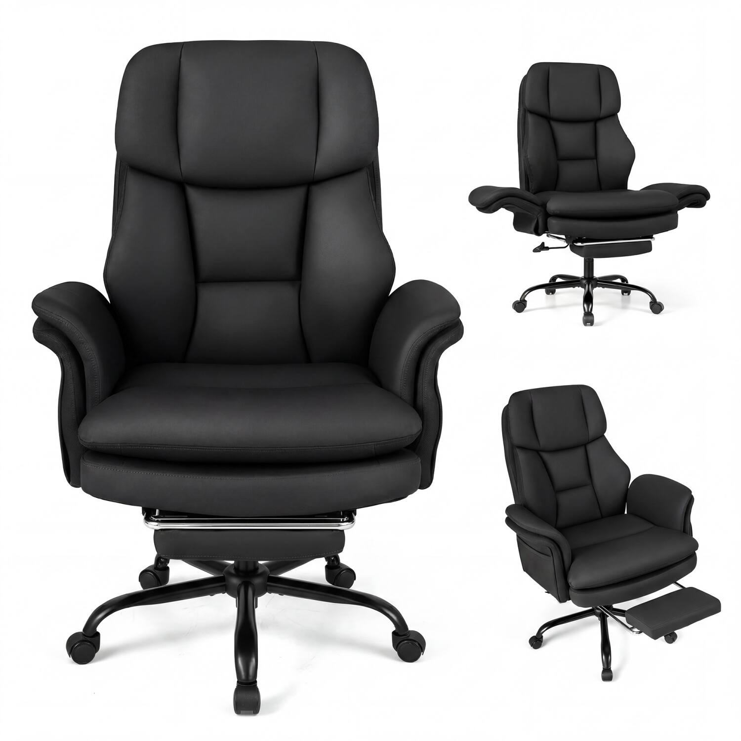 Front. WELLFOR - Ergonomic Cross Legged Office Chair Big and Tall Executive Chair with Retractable Footrest - Black.