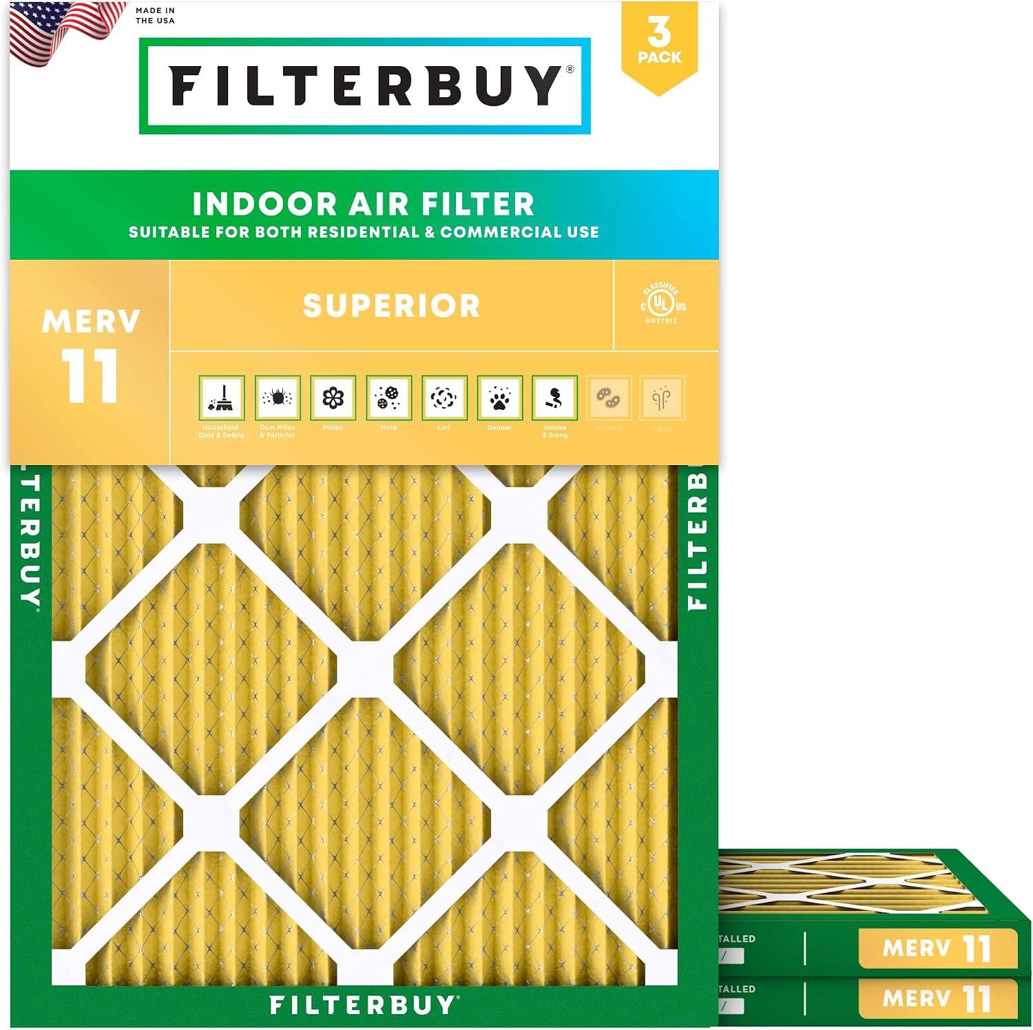 MADE IN THE USA  
3 PACK FILTERBUY INDOOR AIR FILTER  
SUITABLE FOR BOTH RESIDENTIAL & COMMERCIAL USE  
MERV 11  
SUPERIOR  

- Indoor Air Quality  
- Dust & Pollen  
- Mold  
- Mildew  
- Dust Mites  
- Dander  
- Smoke & Odors  

FILTERBUY  
MERV 11  
MERV 11