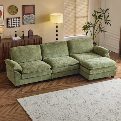 Front. Winado - Sectional Modular Deep Seat Sofa Couch with Ottoma, Chenille Sofa Sleeper Comfy Upholstered Furniture for Living Room - Green.