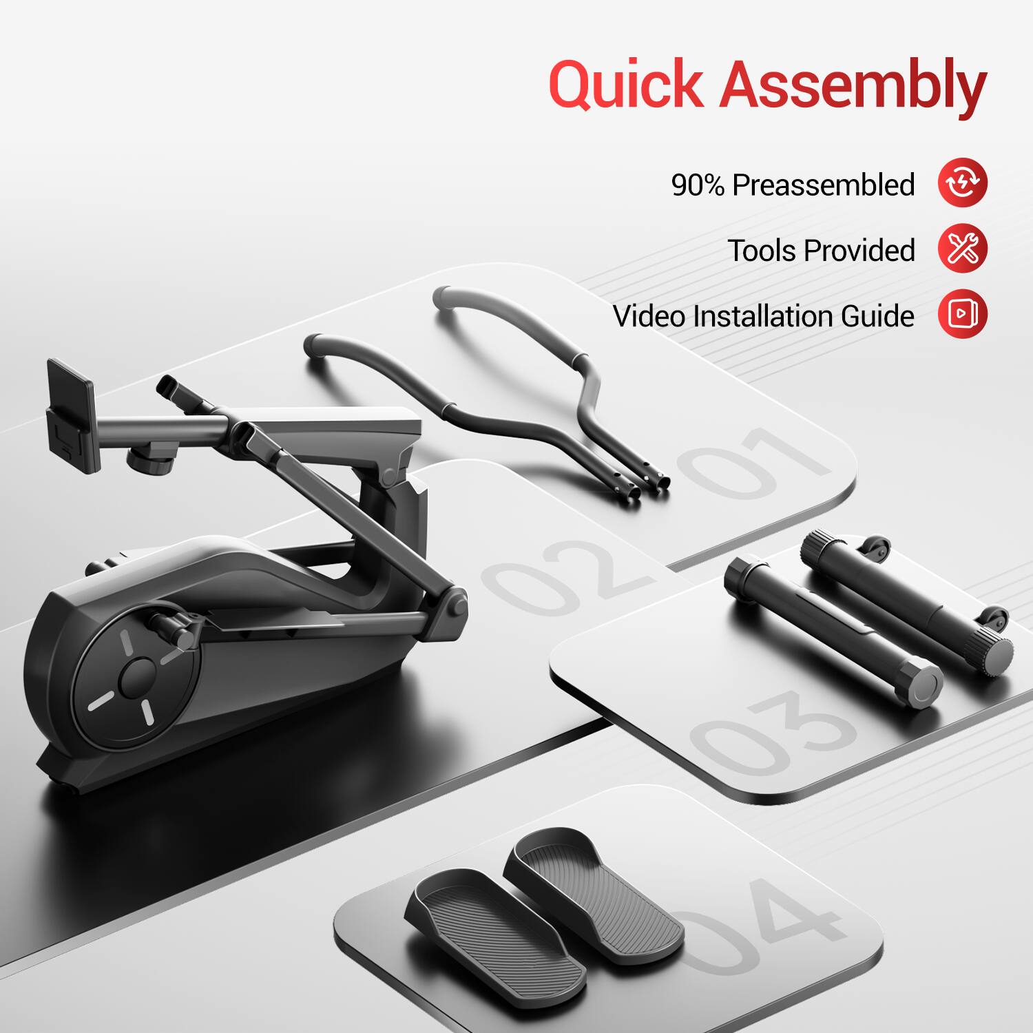 Quick Assembly  
90% Preassembled  
Tools Provided  
Video Installation Guide  

01  
02  
03  
04
