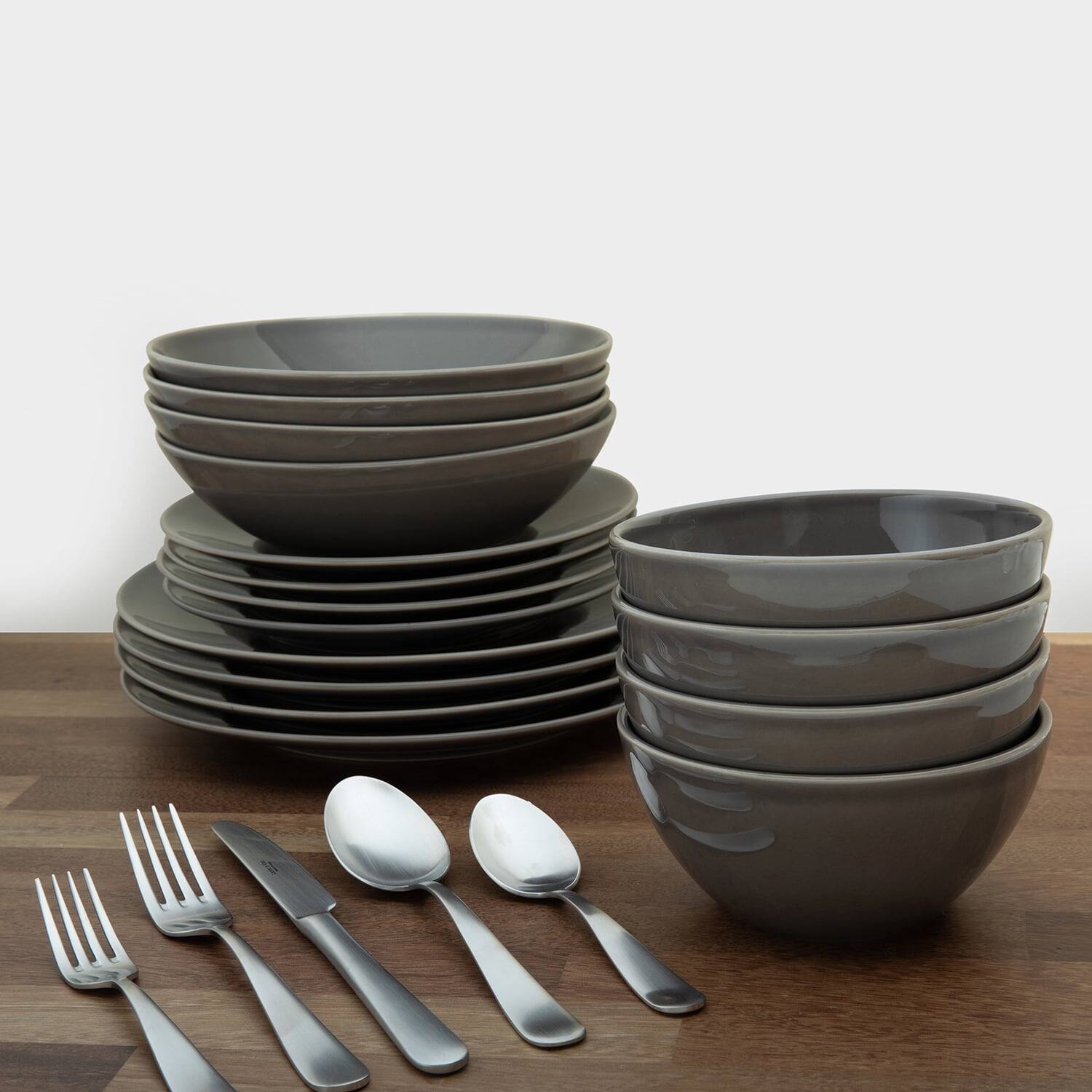 Left. Larder & Vine - 16-Piece Classic Dinnerware Set for 4, Ceramic Stoneware Made in Portugal - French Gray.