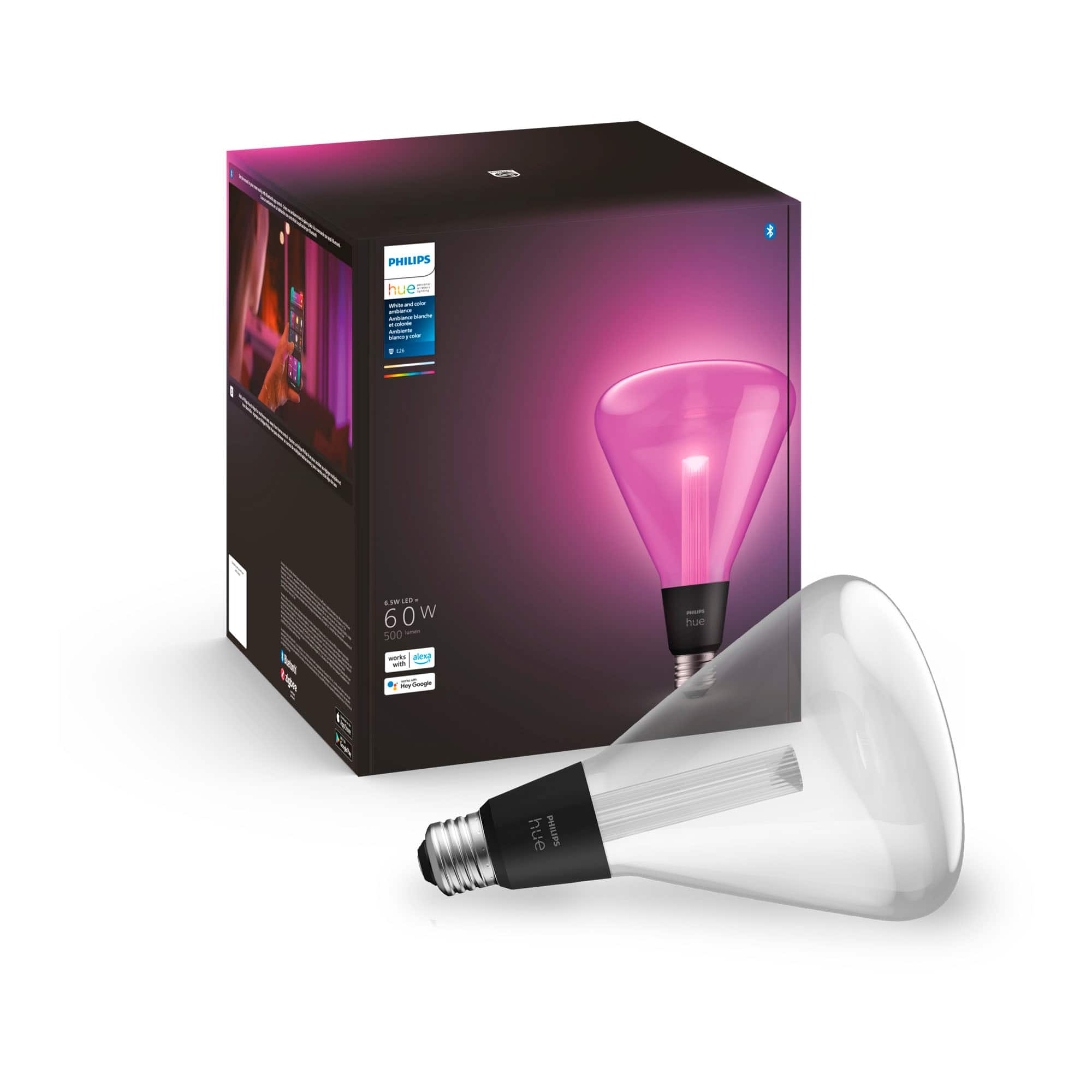 The image features a box of a Philips 60W LED light bulb, which is a smart light bulb that can be controlled with a smartphone or tablet. The box is open, revealing the light bulb inside. The bulb is designed to be used with the Philips Hue system, which allows users to adjust the light's brightness, color, and even create custom scenes. The box is placed next to a glass bulb, which is the actual light bulb that will be installed in a fixture.
