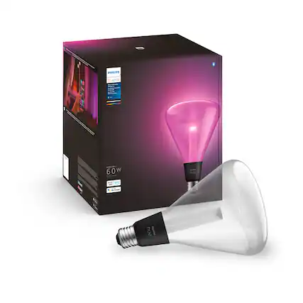 The image features a box of a Philips 60W LED light bulb, which is a smart light bulb that can be controlled with a smartphone or tablet. The box is open, revealing the light bulb inside. The bulb is designed to be used with the Philips Hue system, which allows users to adjust the light's brightness, color, and even create custom scenes. The box is placed next to a glass bulb, which is the actual light bulb that will be installed in a fixture.