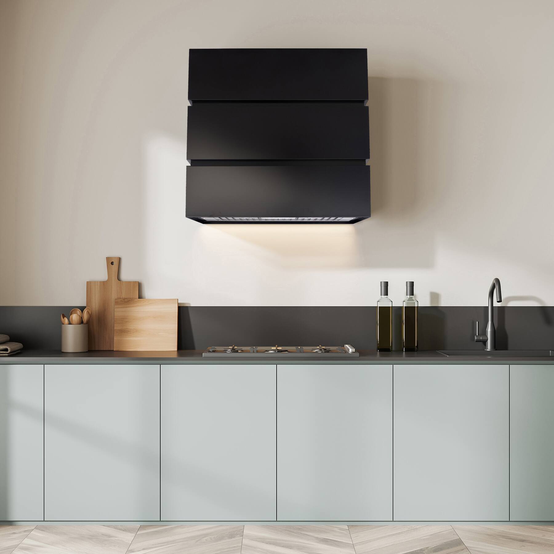 Alt View 10. Akicon - Akicon Stainless Steel 3 Stacks Modern Box Kitchen Hood with Powerful Vent Motor, Wall Mount, in Jet Black - Black.