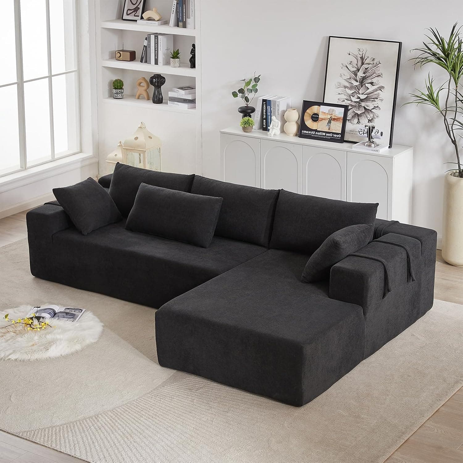 Trinkets Crazed - 108"Modular L Shaped Sectional Sofa Modern Comfy Corner Couches Sleeper Sofa with 6 Pillows(Right Chaise) - blak