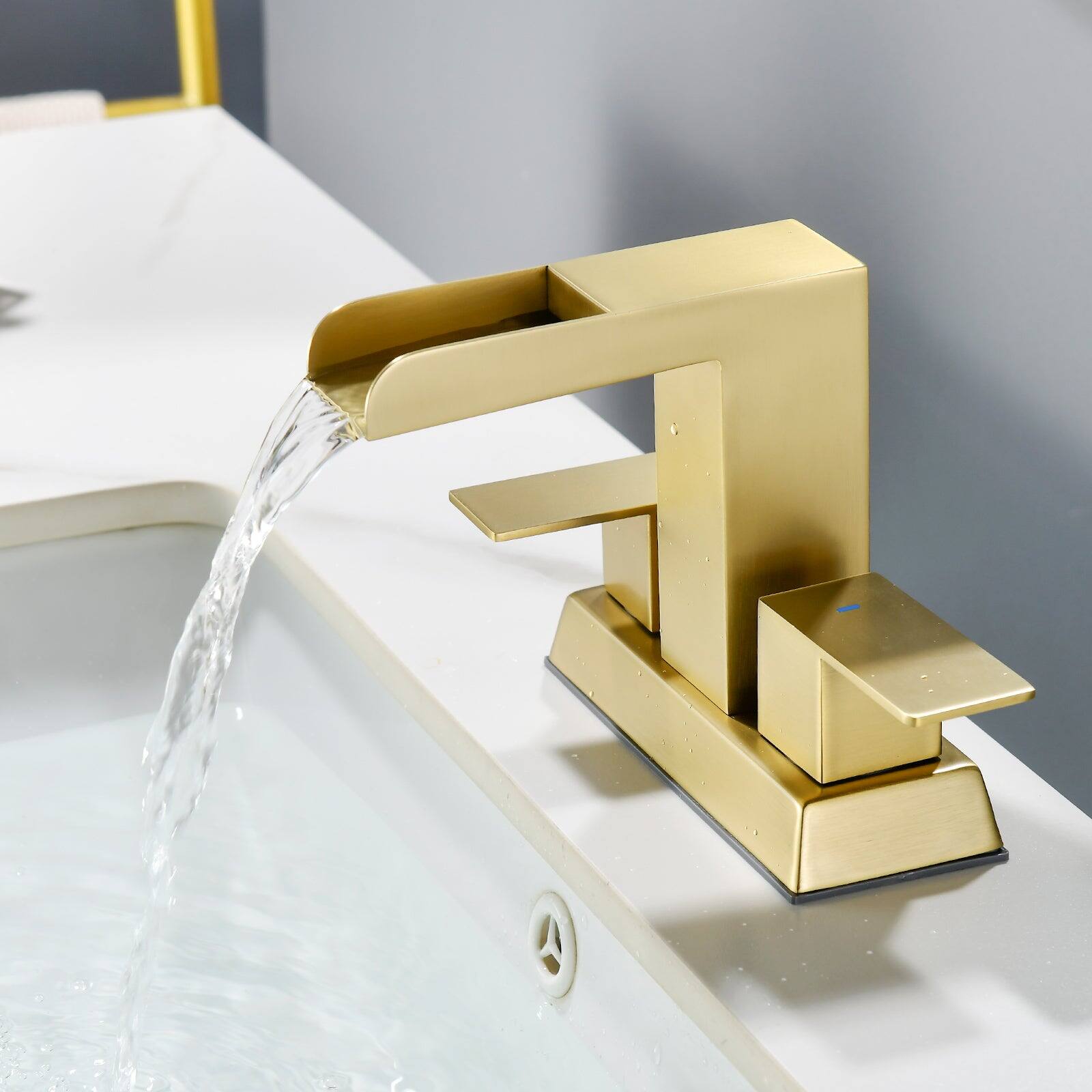 Alt View 3. Boyel Living - Brushed Gold 4 Inch Centerset Faucet SUS304 Waterfall Spout 1.2GPM Dual Handle Pop Up Drain - Brushed Gold.
