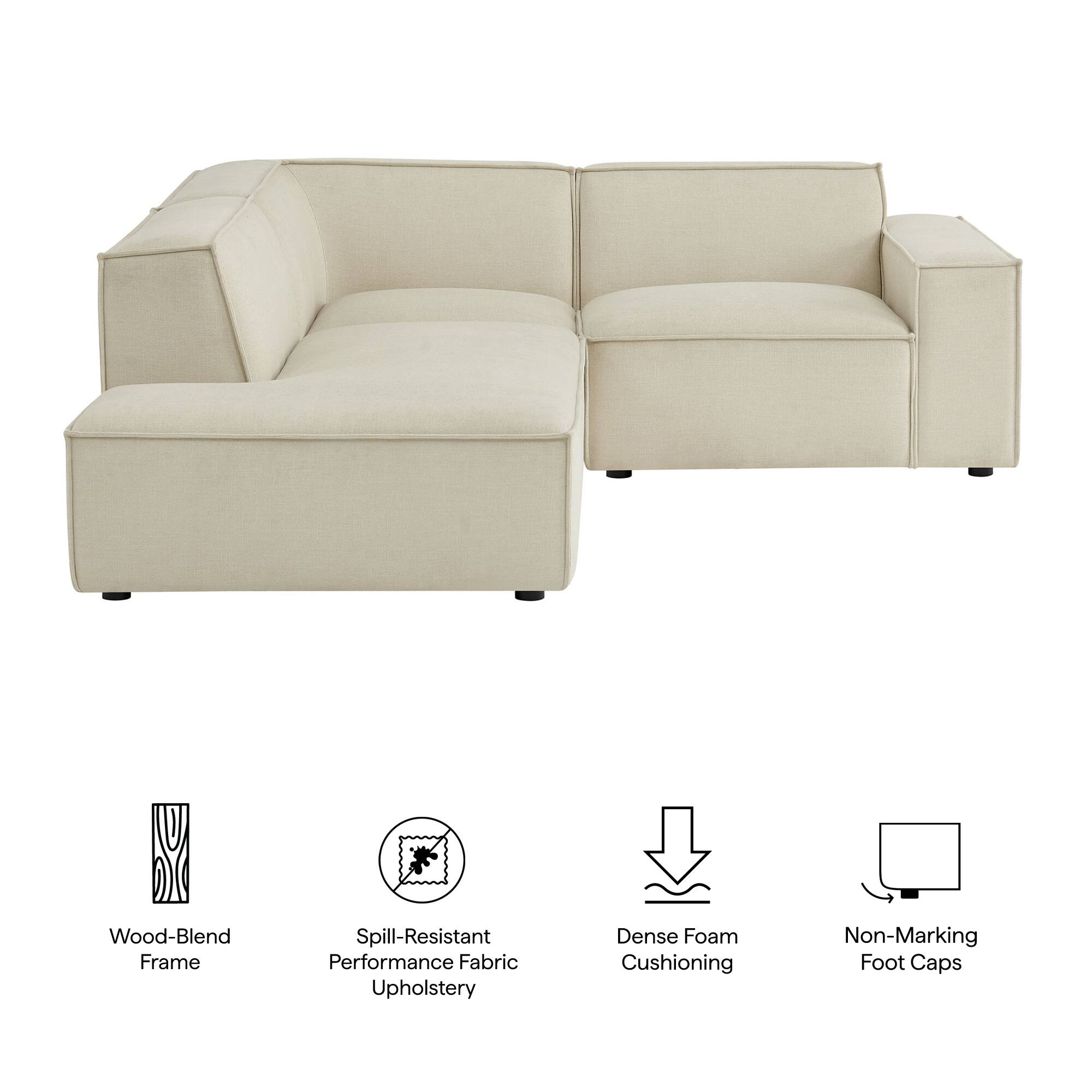 Wood-Blend Frame  
Spill-Resistant Performance Fabric Upholstery  
Dense Foam Cushioning  
Non-Marking Foot Caps