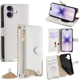Dteck - Crossbody Wallet Case for Apple iPhone 17, Elegant Zipper PU Leather Folio Stand Protective Cover, Built-in Mini Mirror - White
