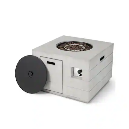 Front. Mondawe - 34 Inch Square Concrete Propane Fire Pit Table with Lava Rocks and Cover - Grey.