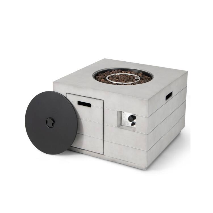 Front. Mondawe - 34 Inch Square Concrete Propane Fire Pit Table with Lava Rocks and Cover - Grey.