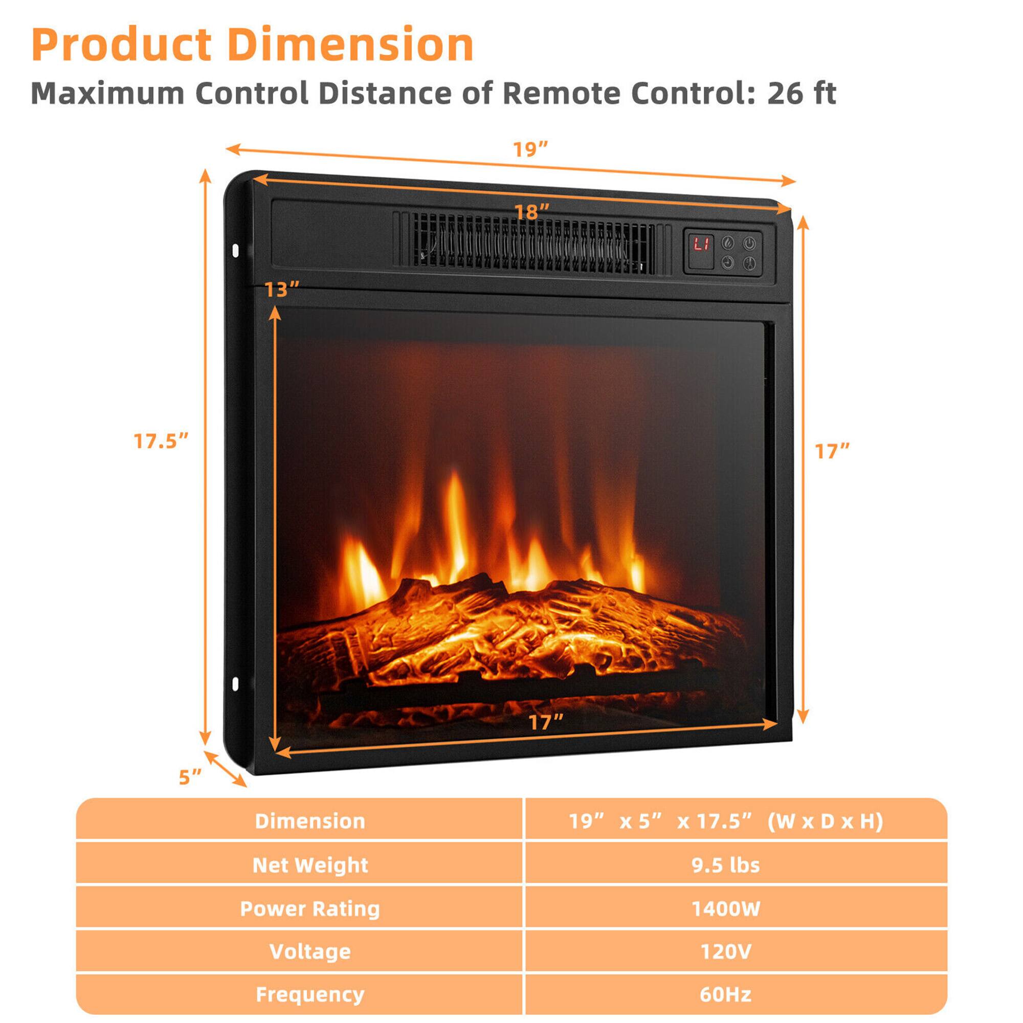 Product Dimension  
Maximum Control Distance of Remote Control: 26 ft  

Dimension: 19" x 5" x 17.5" (W x D x H)  
Net Weight: 9.5 lbs  
Power Rating: 1400W  
Voltage: 120V  
Frequency: 60Hz