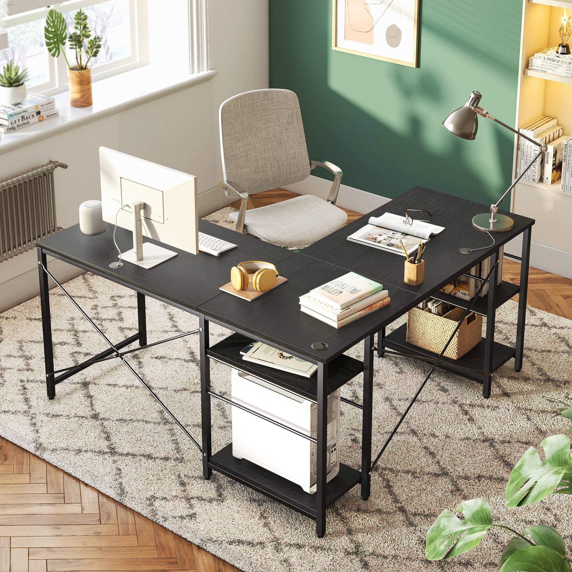 The text "1VBA - - - GETBACK 4 CF AncTe co BLE A 20" is not related to the image content. It appears to be an unrelated message or code. The image features a black desk with a computer, chair, and various items such as books, a cup, and a potted plant.