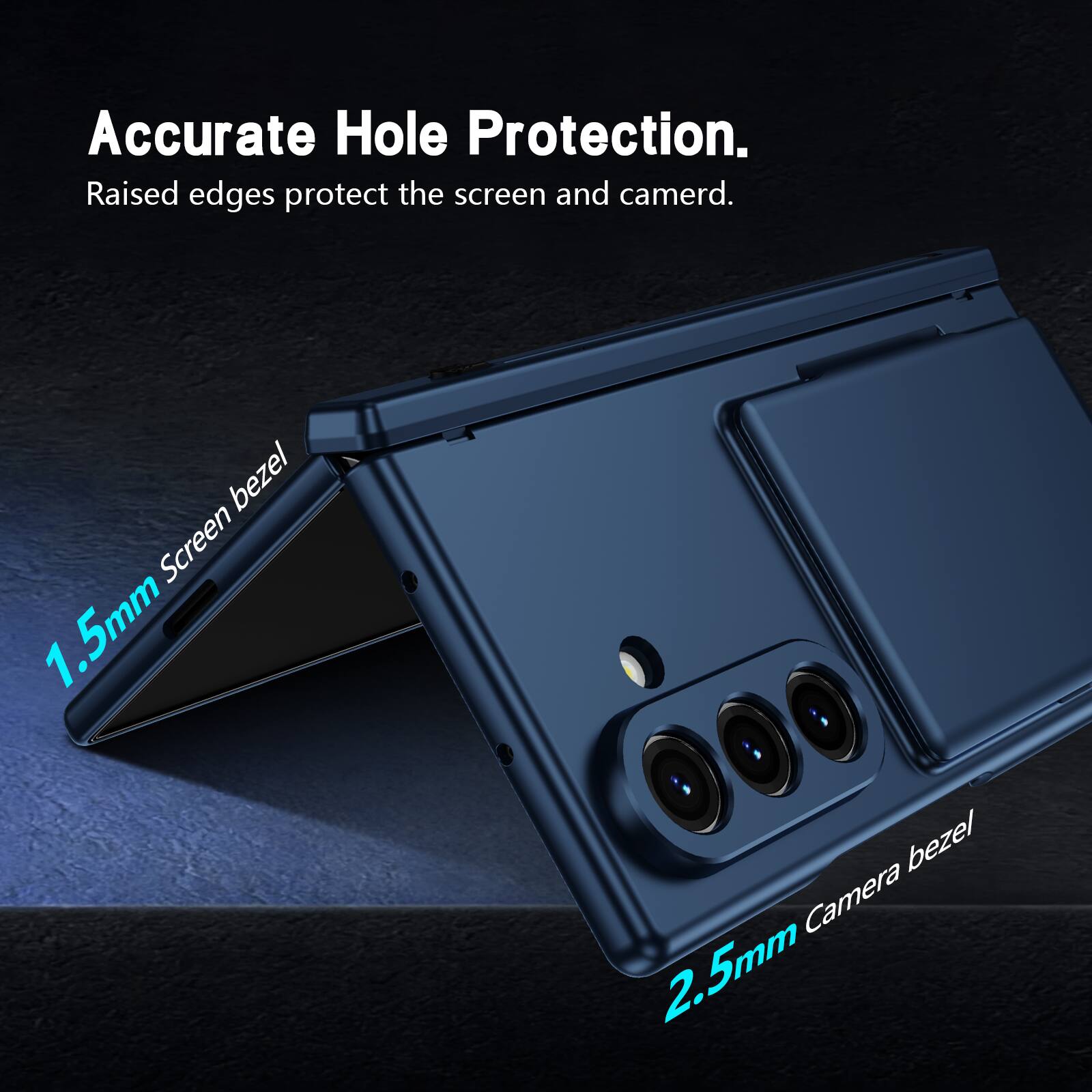 Accurate Hole Protection. Raised edges protect the screen and camera.  
1.5mm Screen bezel  
2.5mm Camera bezel