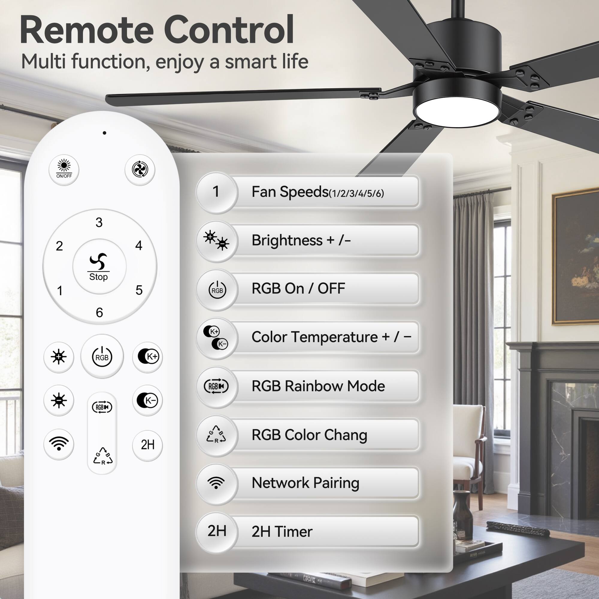 Remote Control  
Multi function, enjoy a smart life  

1. Fan Speeds (1/2/3/4/5/6)  
2. Brightness + / -  
3. Stop  
4. RGB On / OFF  
5. Color Temperature + / -  
6. RGB Rainbow Mode  
7. RGB Color Chang  
8. Network Pairing  
9. 2H Timer