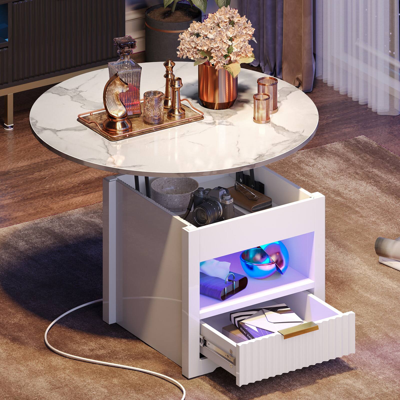 Angle. Bestier - Bestier 31inch LED Lift Top Coffee Table Round Coffee Table with Storage with Drawer - White.