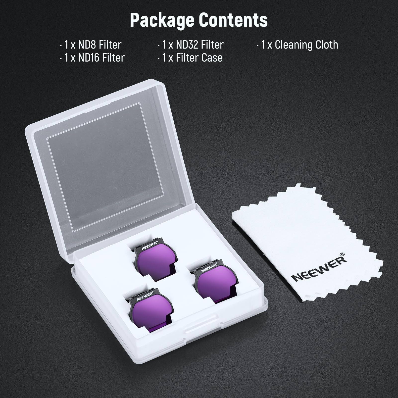 Package Contents

- 1 x ND8 Filter
- 1 x ND16 Filter
- 1 x ND32 Filter
- 1 x Cleaning Cloth
- 1 x Filter Case

NEEWER