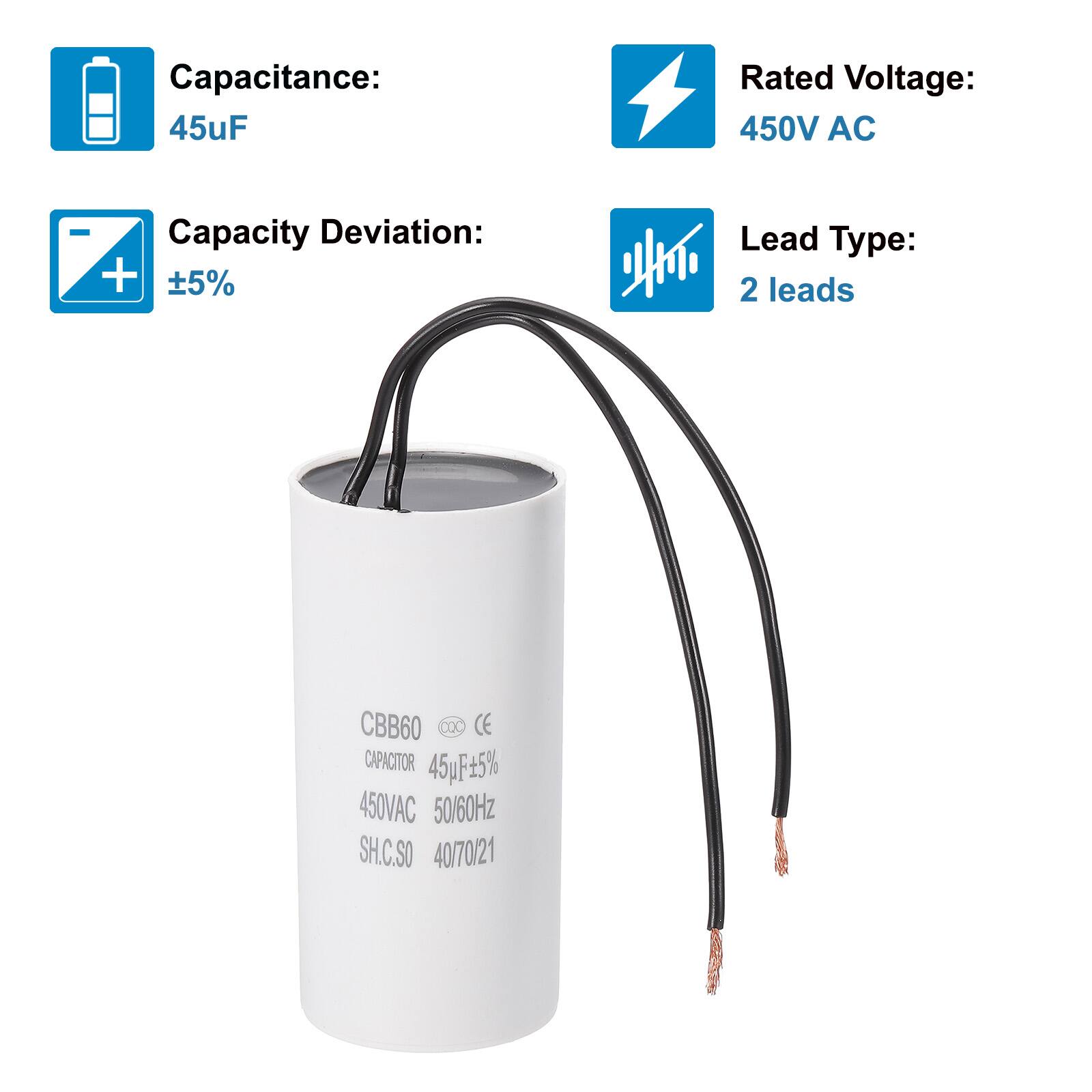 Capacitance: 45uF  
Rated Voltage: 450V AC  
Capacity Deviation: +5%  
Lead Type: 2 leads  

CBB60 CX CE CAPACITOR  
45uF5% 450VAC 50/60HZ  
SH.C.SO 40/70/21