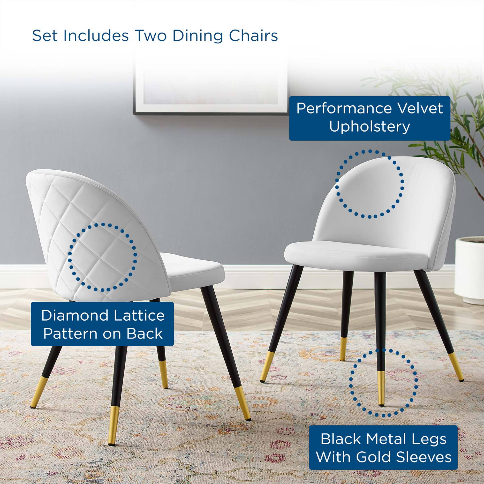 Set Includes Two Dining Chairs

Performance Velvet Upholstery

Diamond Lattice Pattern on Back

Black Metal Legs With Gold Sleeves