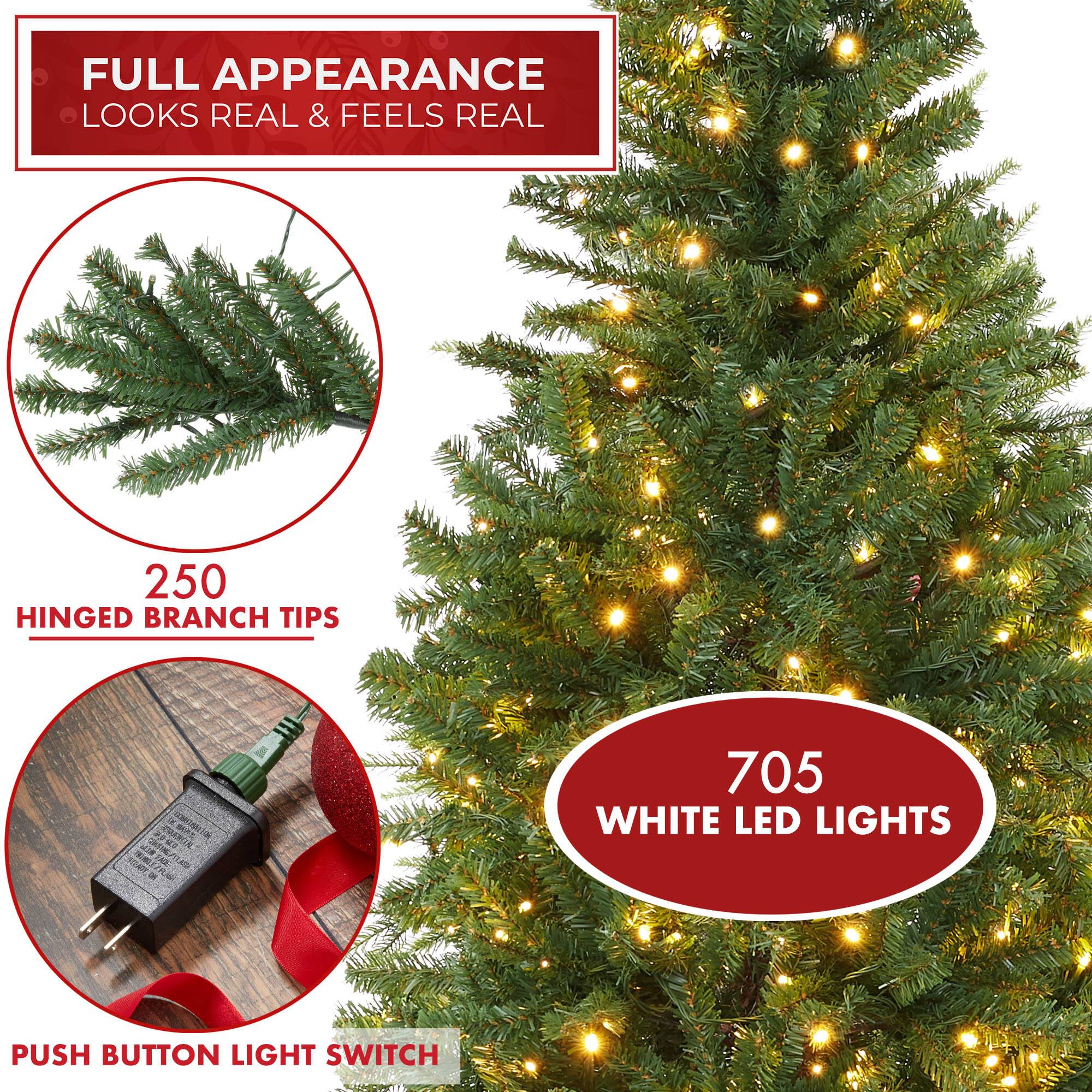 FULL APPEARANCE  
LOOKS REAL & FEELS REAL  

250 HINGED BRANCH TIPS  

705 WHITE LED LIGHTS  

PUSH BUTTON LIGHT SWITCH