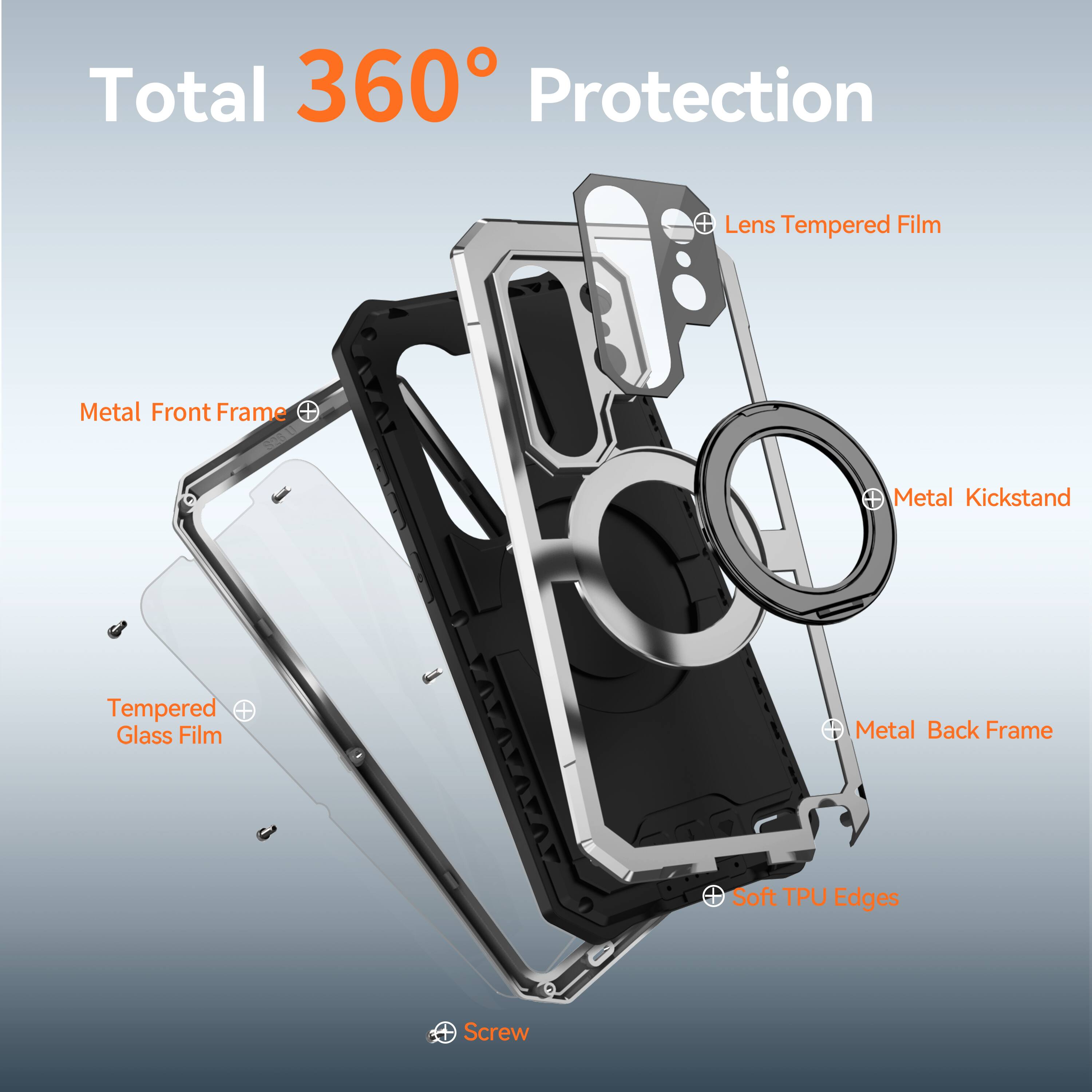 Total 360° Protection

- Metal Front Frame
- Lens Tempered Film
- Metal Kickstand
- Tempered Glass Film
- Metal Back Frame
- Soft TPU Edges
- Screw