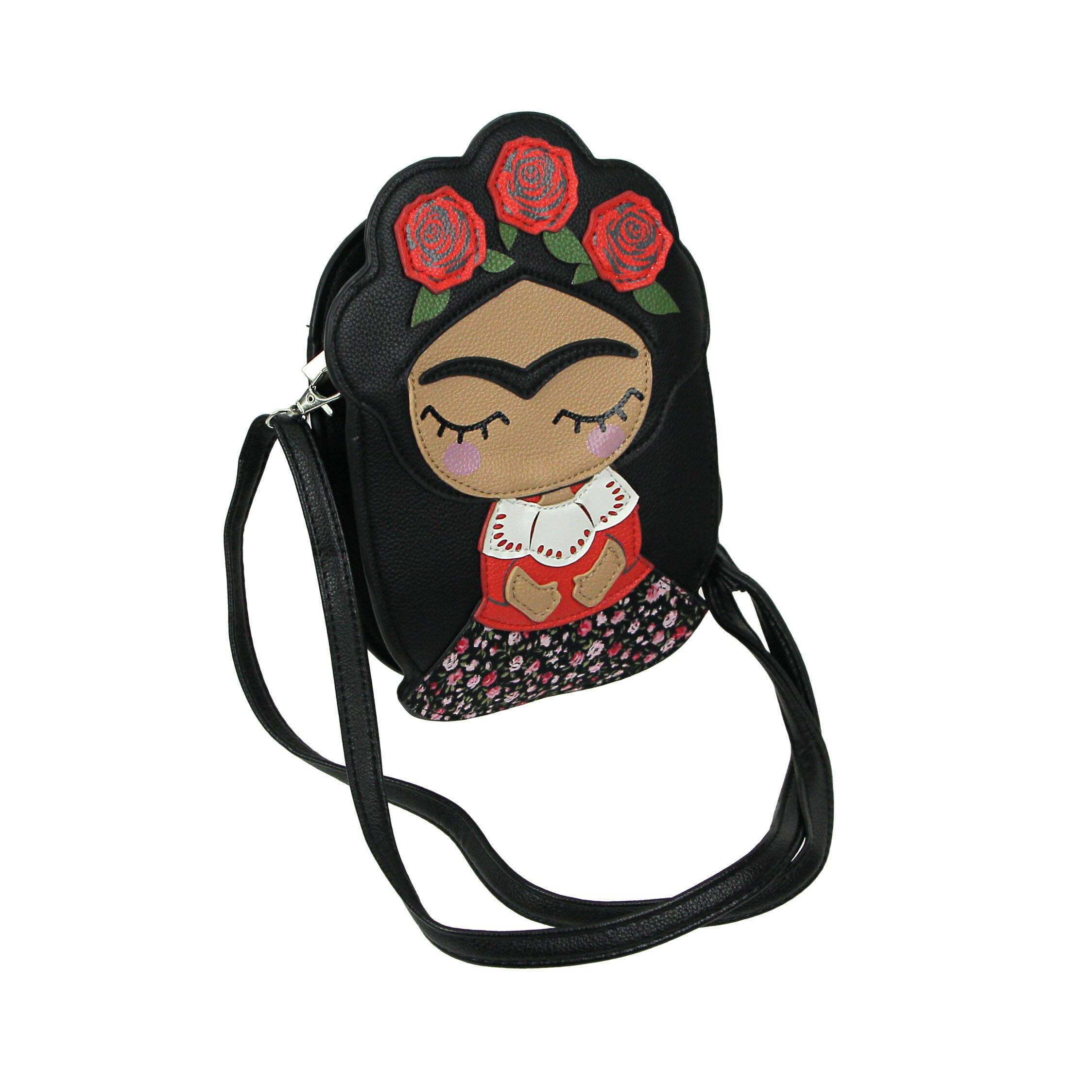 Alt View 1. Things2Die4 - Adorable Black Vinyl Mexican Girl With Flower Crown Crossbody Bag - Multicolored.