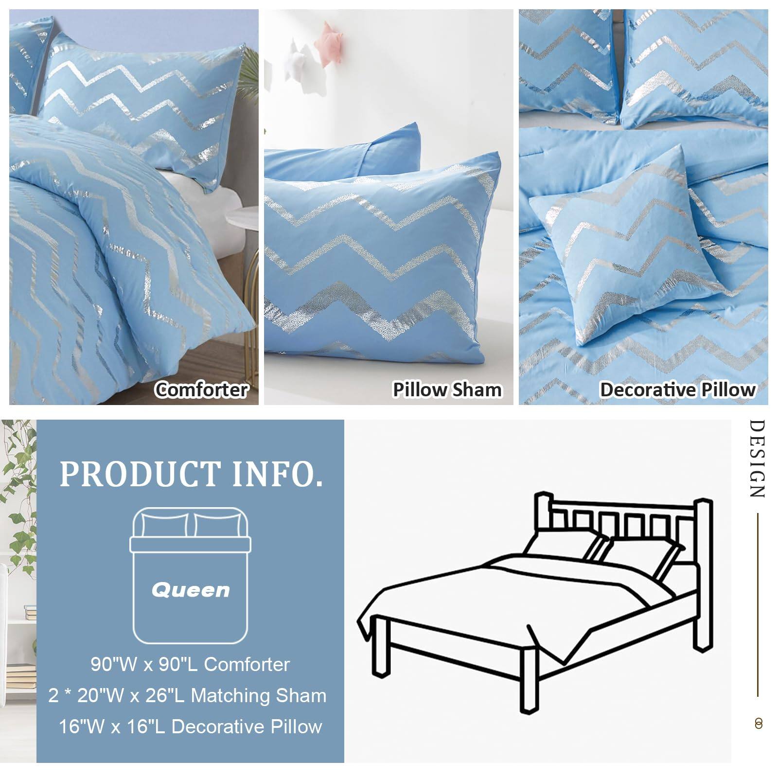 **PRODUCT INFO.**

**Queen**

- 90"W x 90"L Comforter
- 2 * 20"W x 26"L Matching Sham
- 16"W x 16"L Decorative Pillow

**DESIGN**

- Comforter
- Pillow Sham
- Decorative Pillow